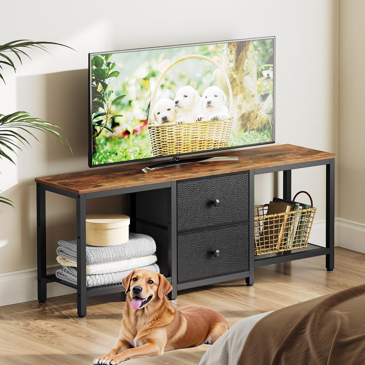 Rustic Brown and Black TV Stand with 2 Fabric Drawer B6866