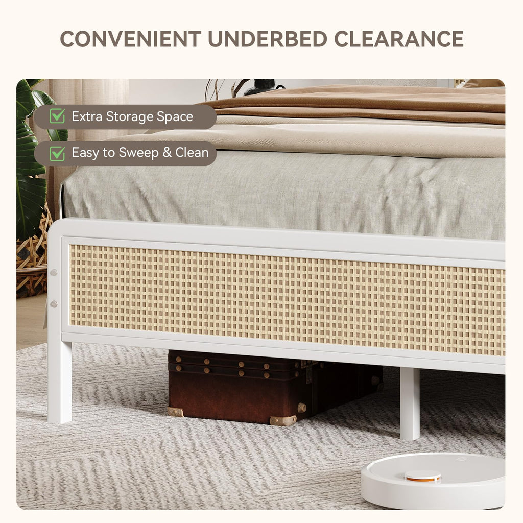 White Rattan Twin Bed Frame with Headboard L35811