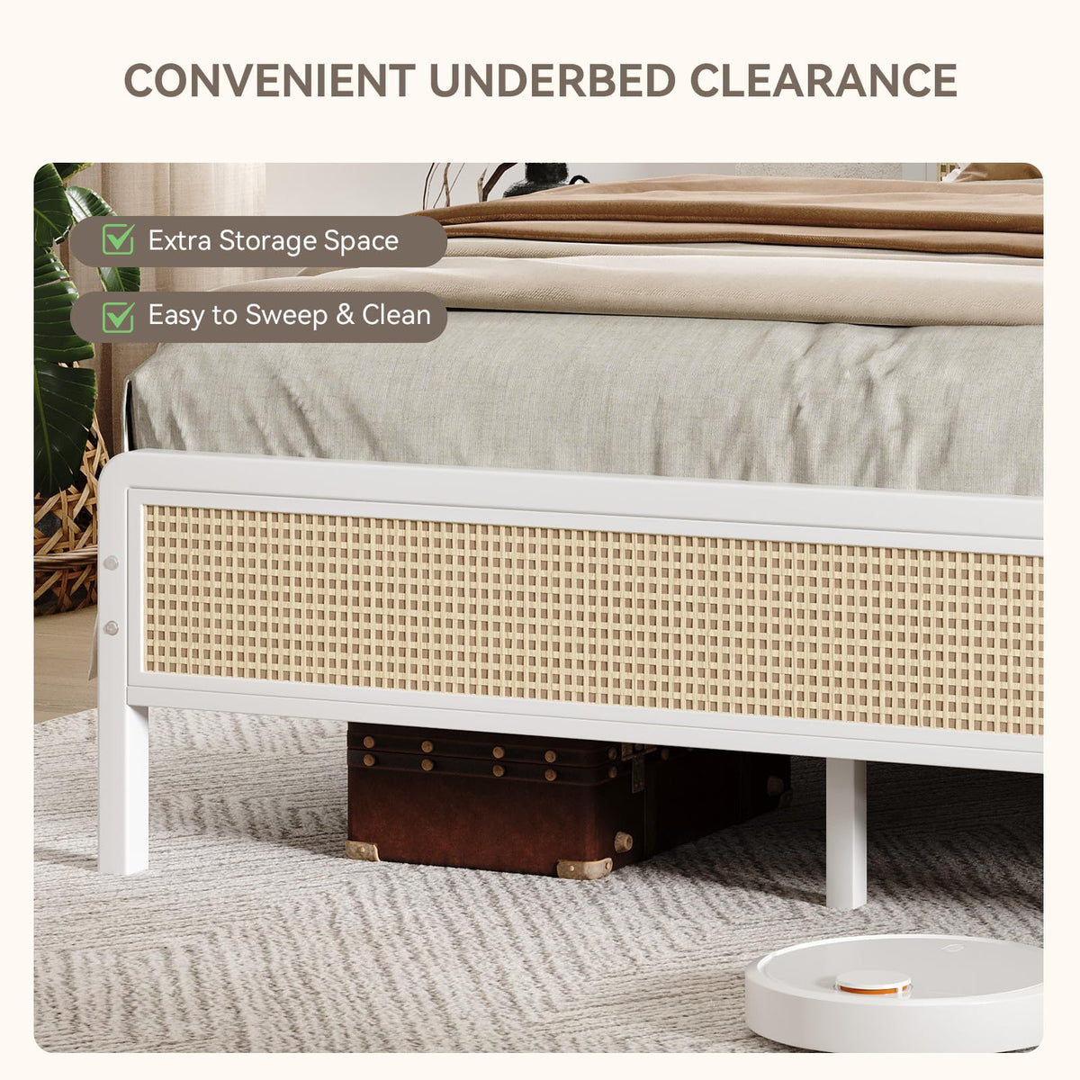 White Rattan Twin Bed Frame with Headboard L35811