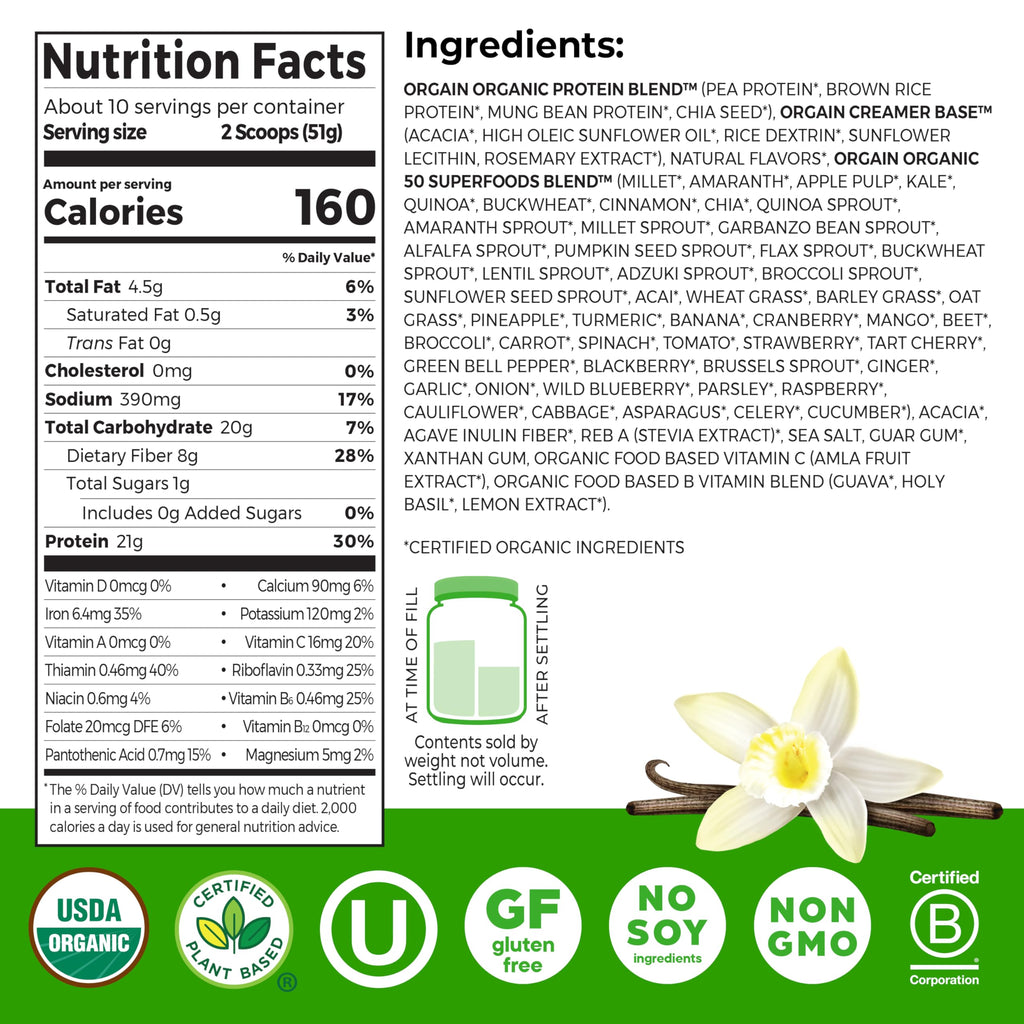 Organic Vegan 21g Protein Superfoods Powder Vanilla Bean 1.12lb H825185