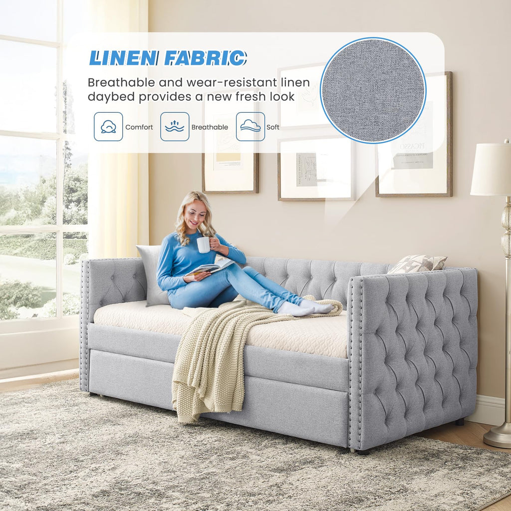 Linen Upholstered Twin Size Daybed with Trundle P76593