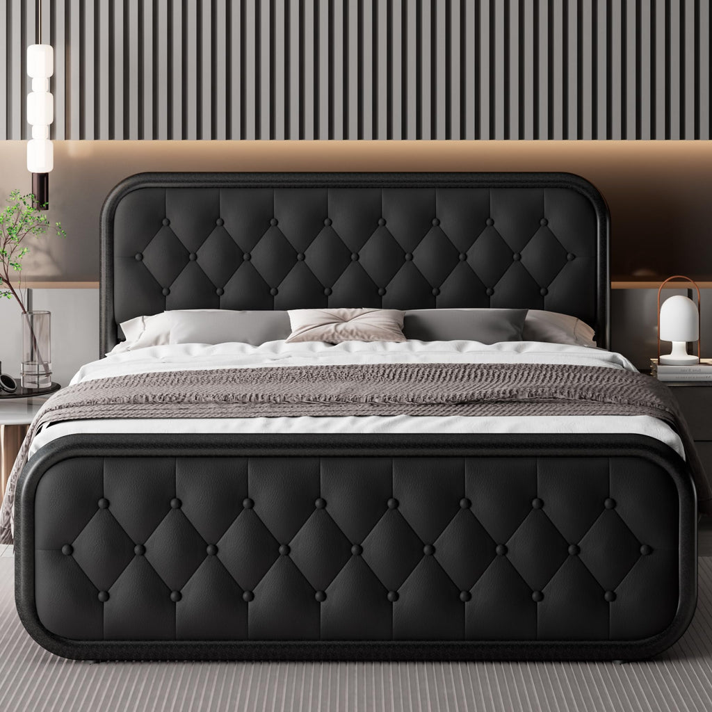 Full Size Upholstered Platform Bed Frame with Faux Leather Headboard N1737