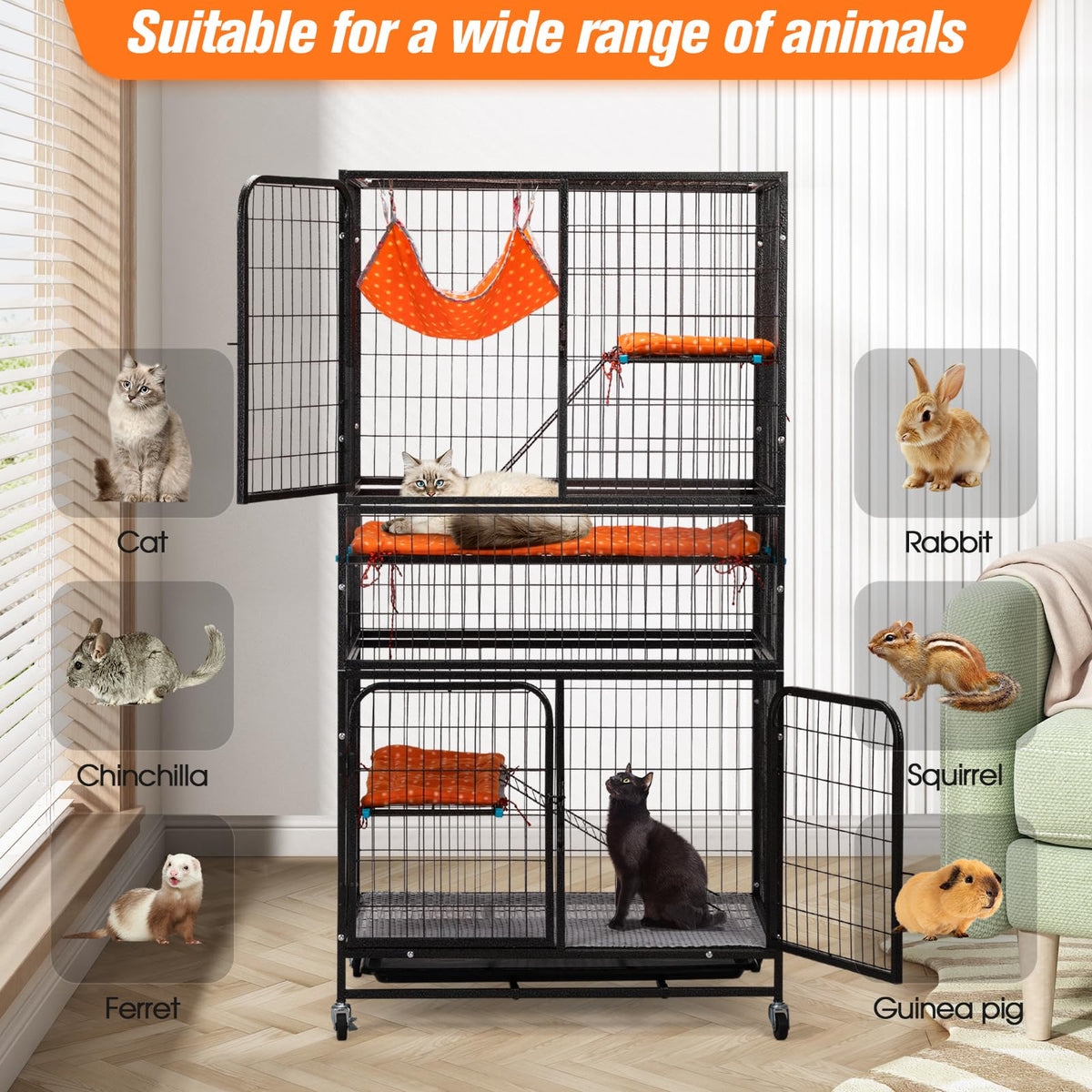 4-Tier Cat Cage with Hammock and Wheels, Black C8881