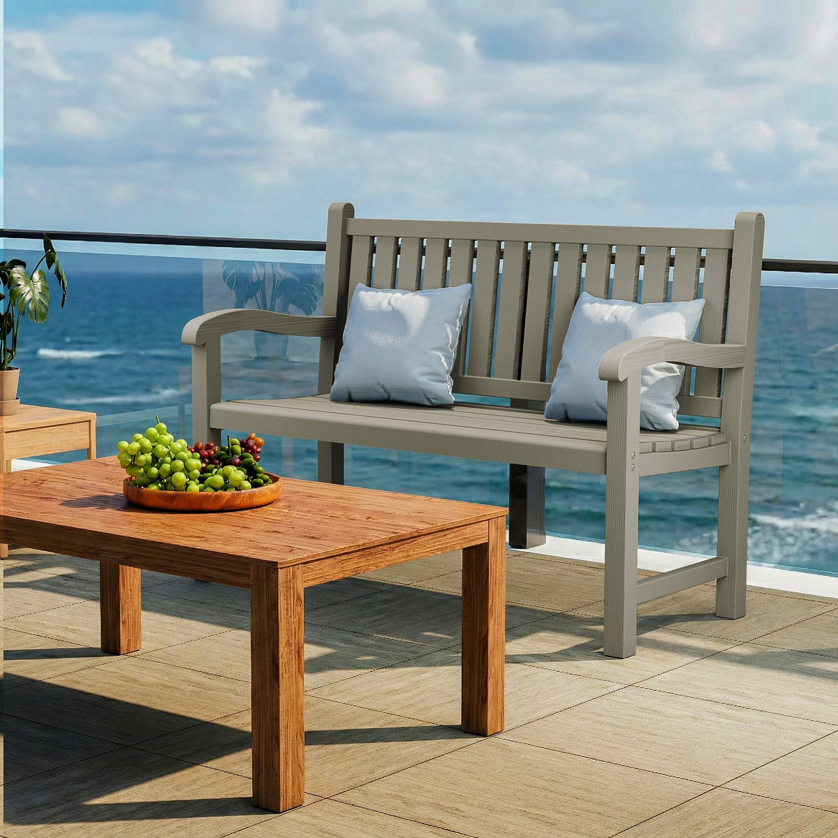Grey 2-Person Resin Outdoor Bench L101