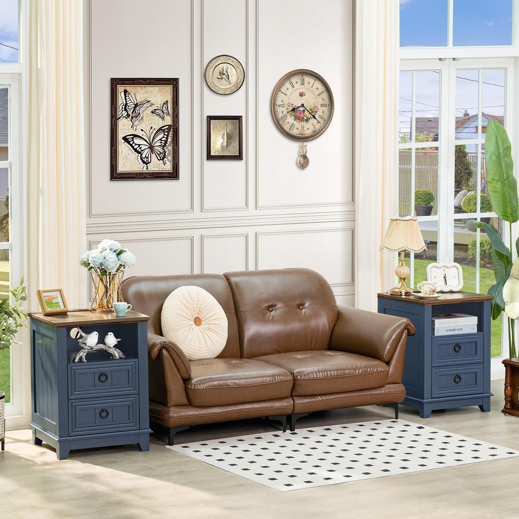18" Blue Wooden Nightstand Set of 2 with Charging Station A16955
