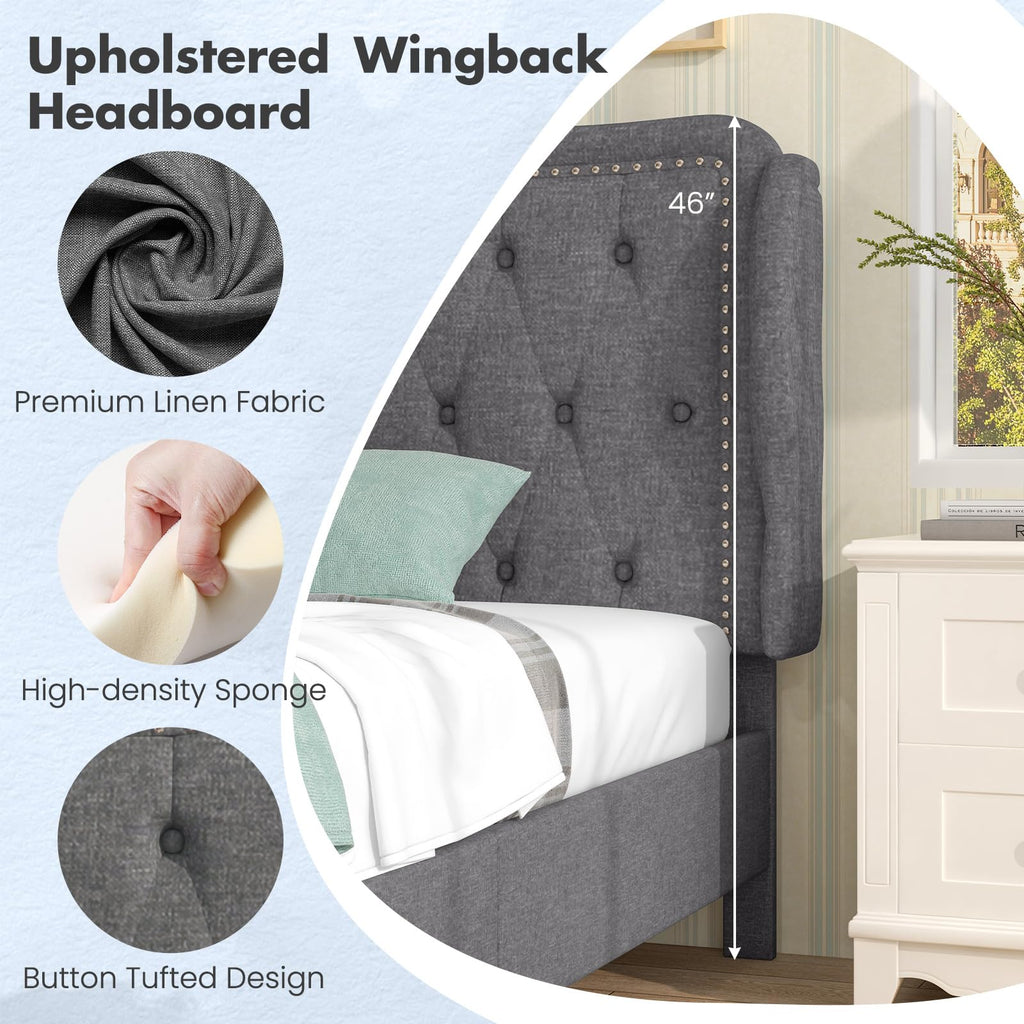 Grey Linen Upholstered Twin Bed Frame with Headboard D75497