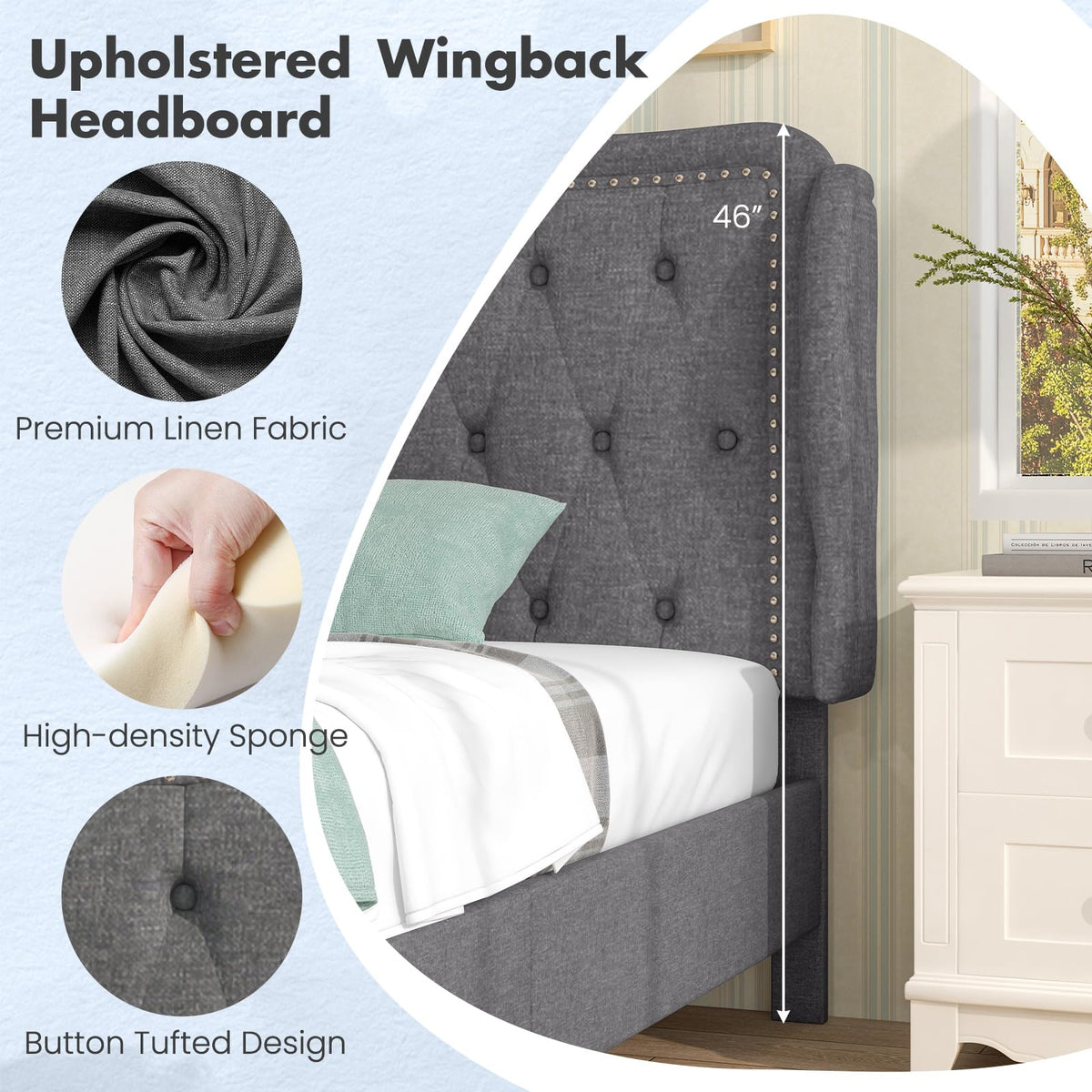 Grey Linen Upholstered Twin Bed Frame with Headboard D75497