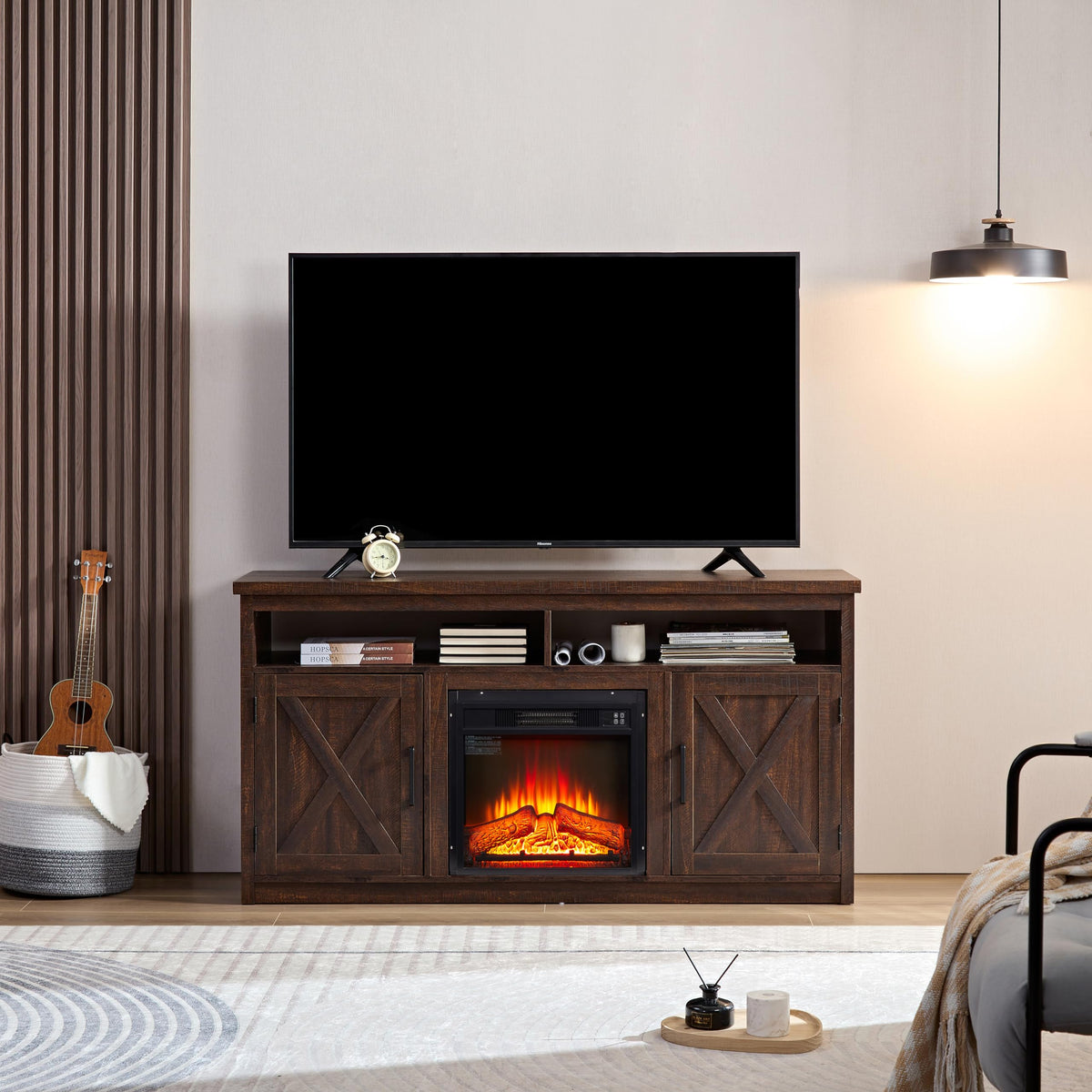 Farmhouse TV Media Stand with 18" Fireplace Insert, Espresso R42655
