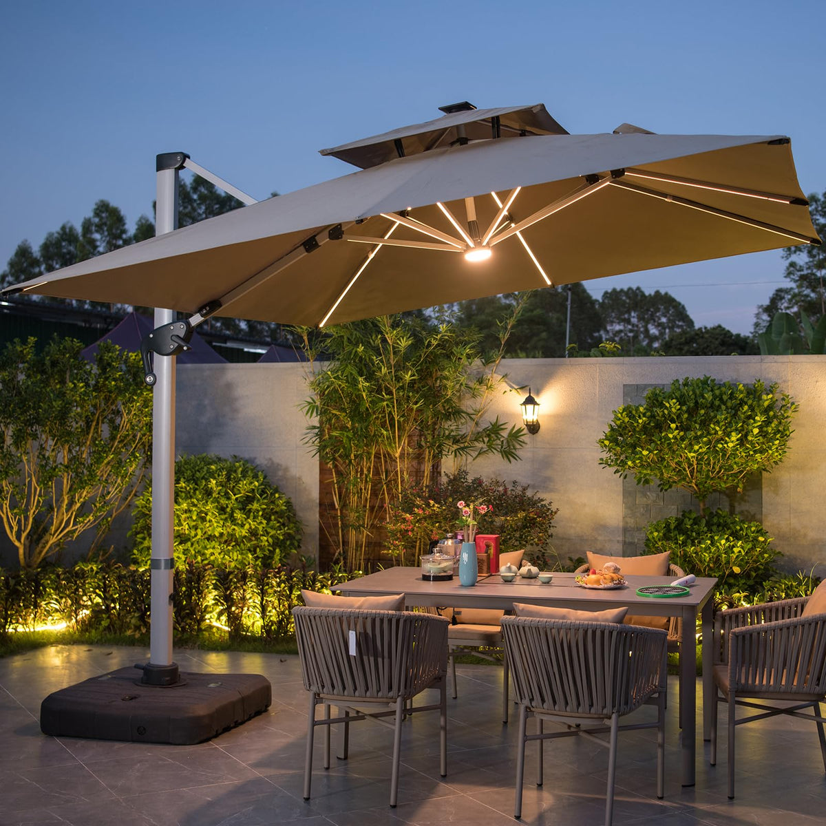 10 FT Square Cantilever Patio Umbrella with Solar LED Lights and Cross Base, Khaki J1313