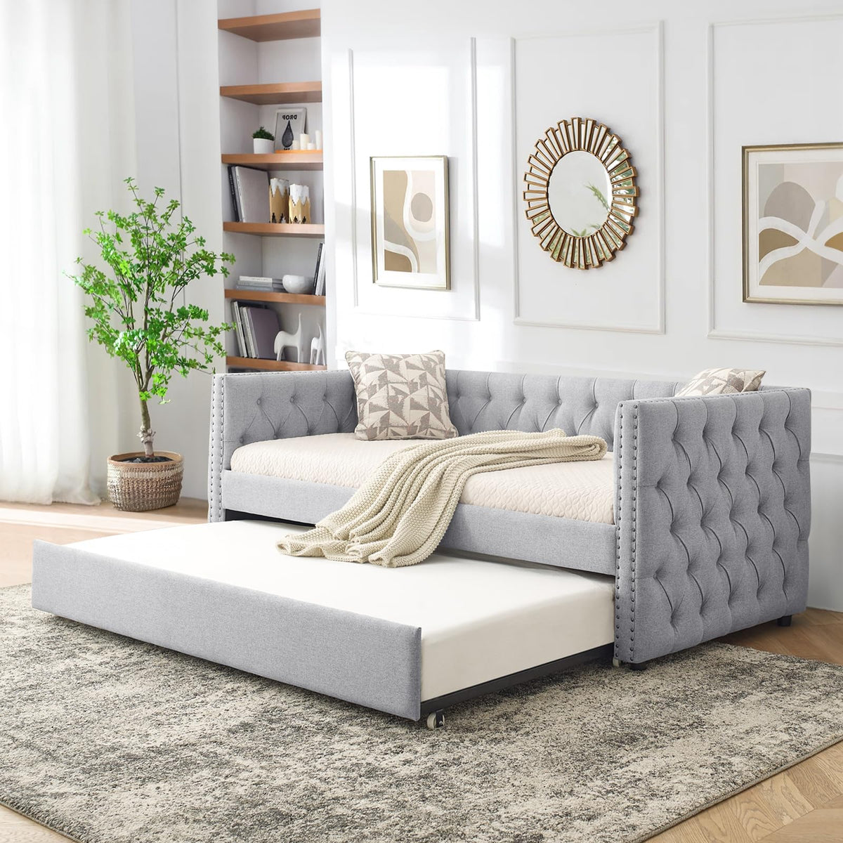 Linen Upholstered Twin Size Daybed with Trundle P76593
