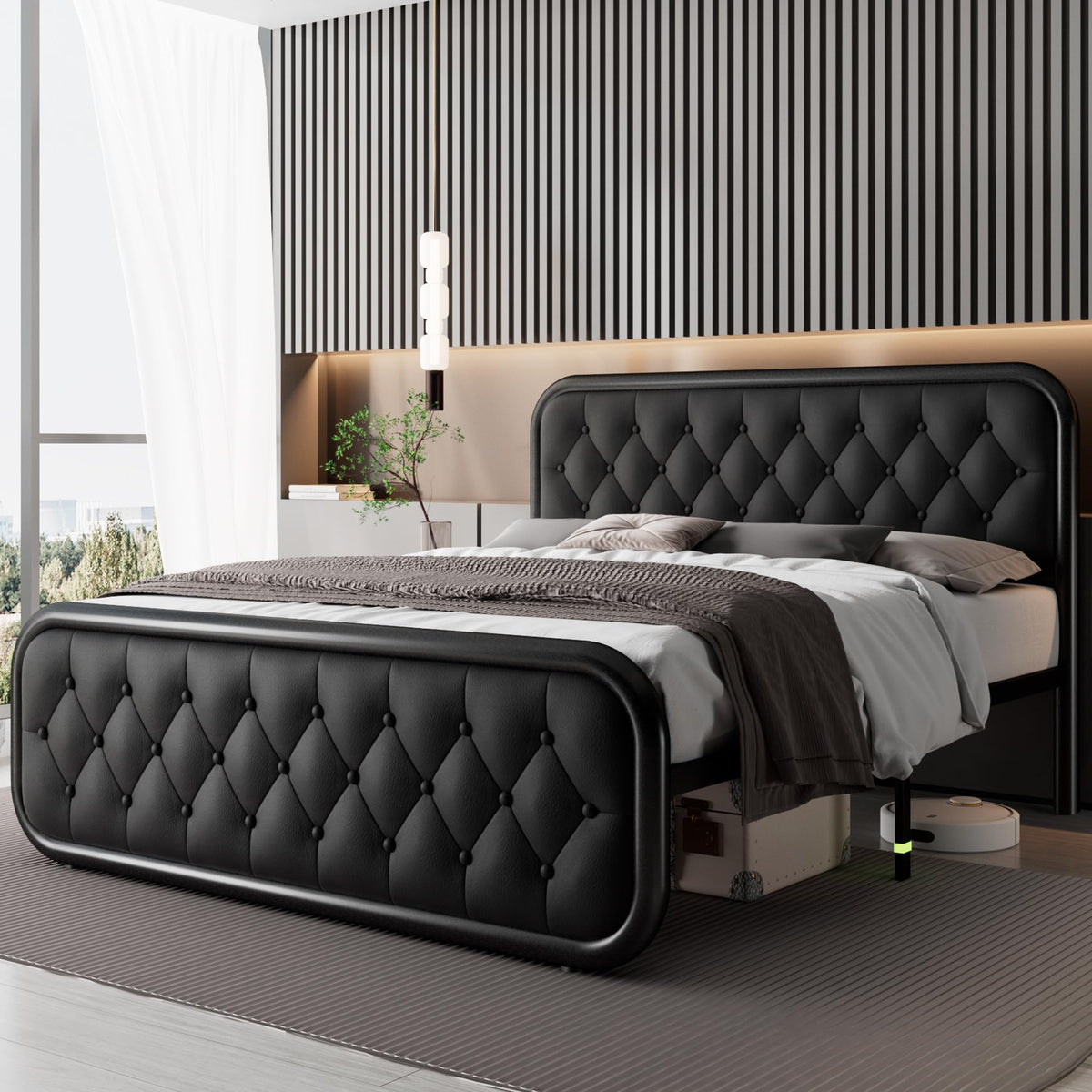 Full Size Upholstered Platform Bed Frame with Faux Leather Headboard N1737