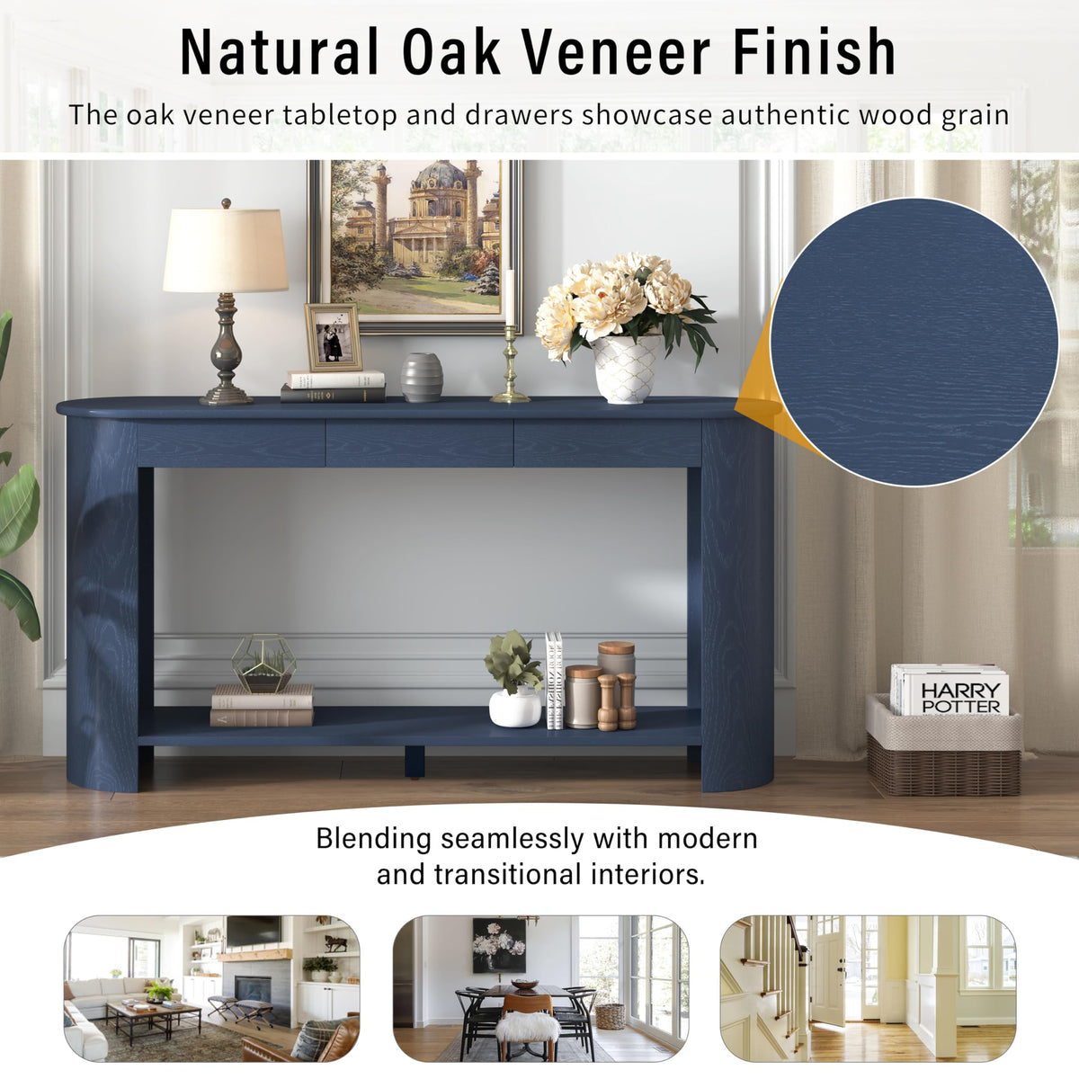 Curved Console Table with 3 Drawers and Bottom Shelf Y679424