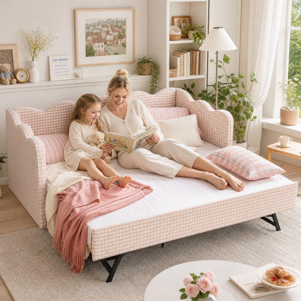 Pink Twin Size Linen Upholstered Daybed with Trundle A4186