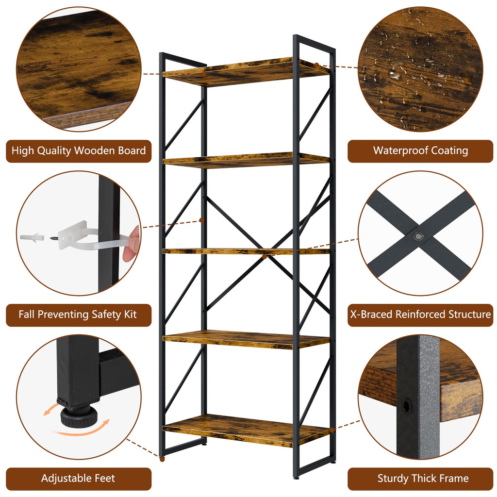 5 Tiers Rustic Brown Bookshelf F9366