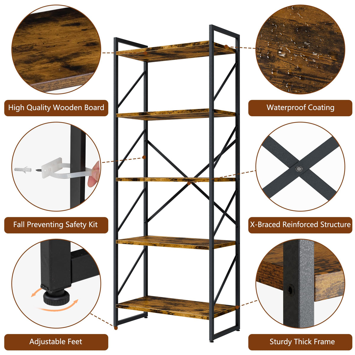5 Tiers Rustic Brown Bookshelf F9366
