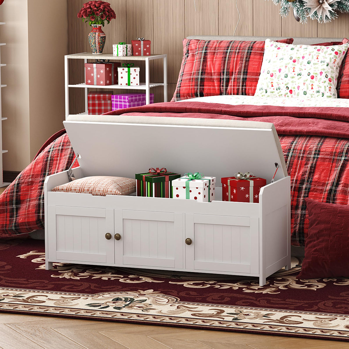 White Lift Top Storage Shoe Bench with Cushioned Seat D5076