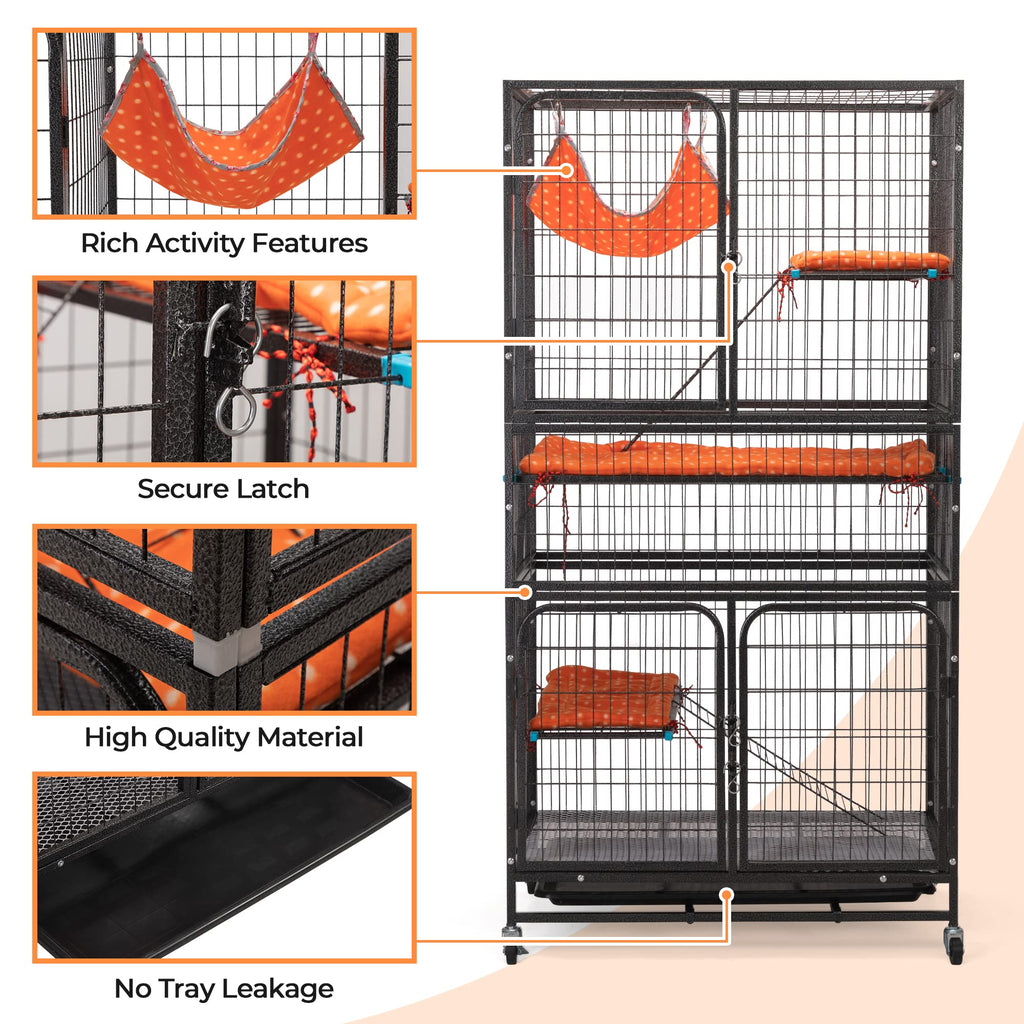 4-Tier Cat Cage with Hammock and Wheels, Black C8881