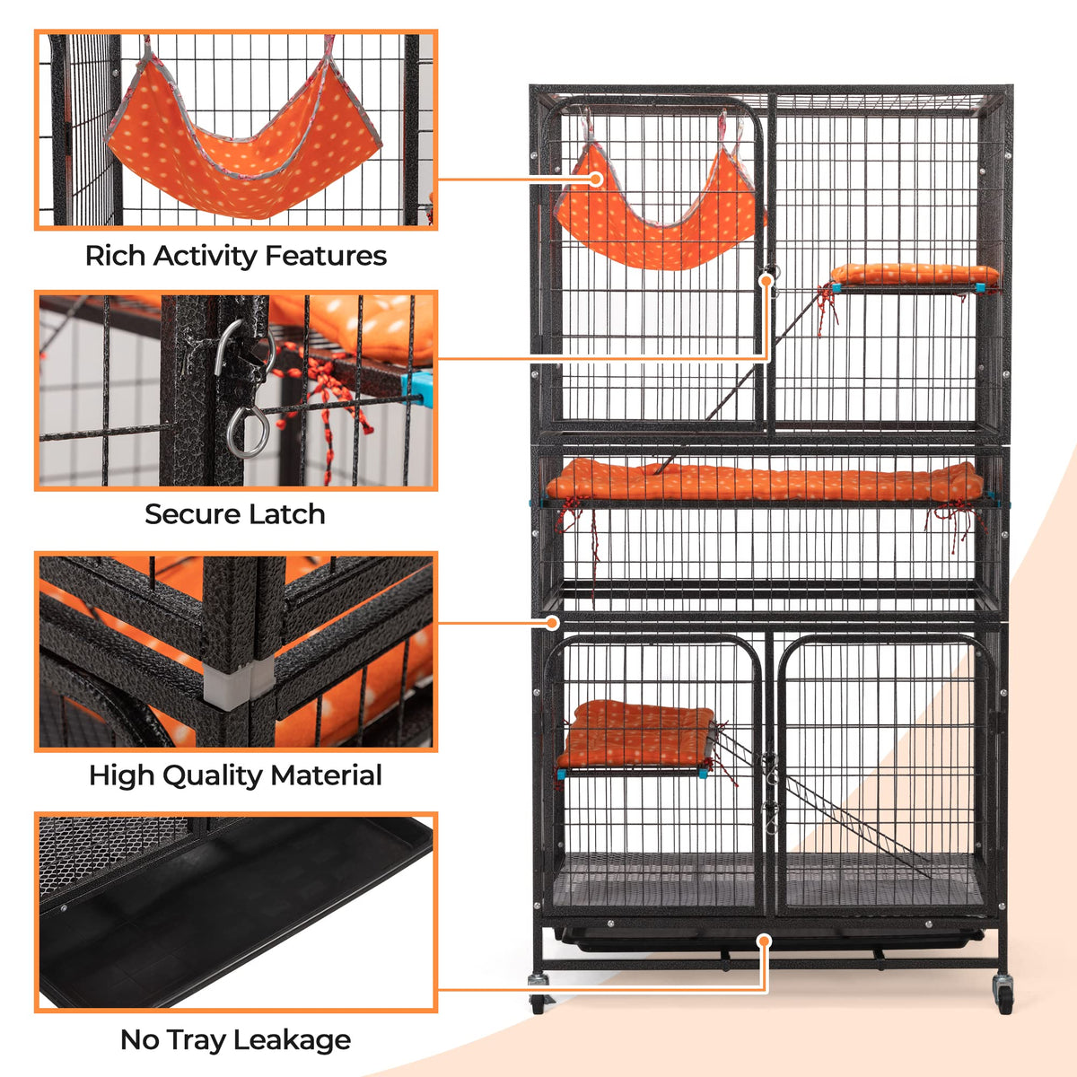 4-Tier Cat Cage with Hammock and Wheels, Black C8881