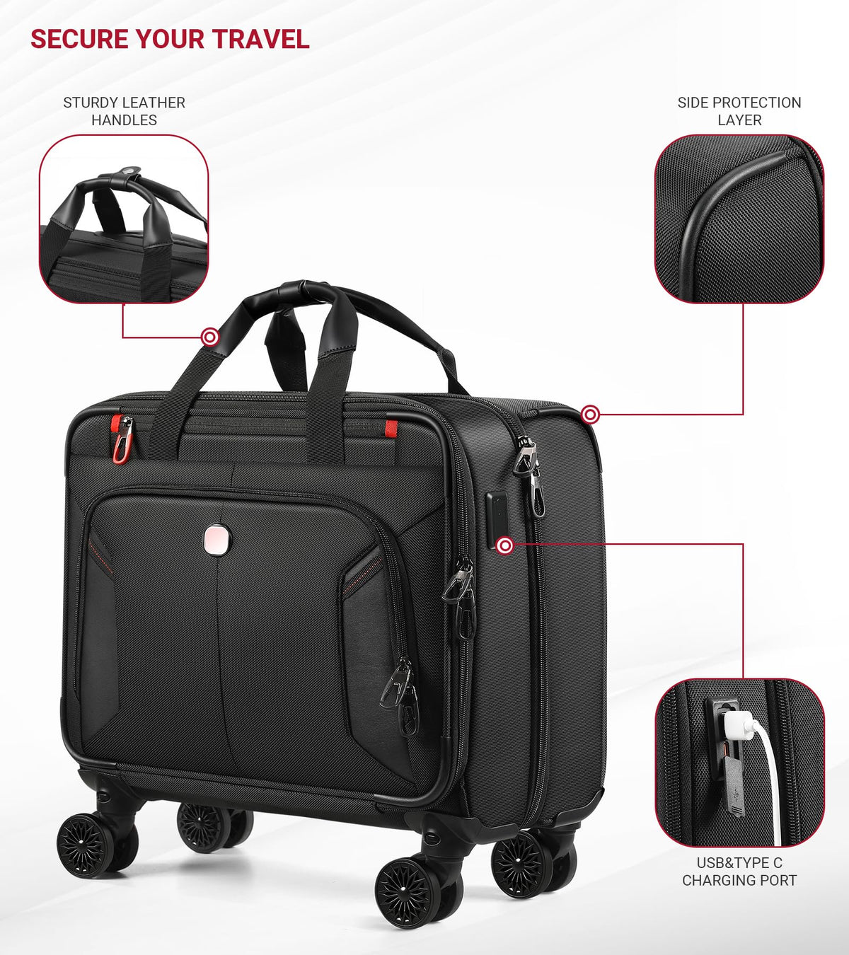 Rolling Laptop Bag with USB & Type-C Charging Port, Water Resistant 17.3 Inch K22581