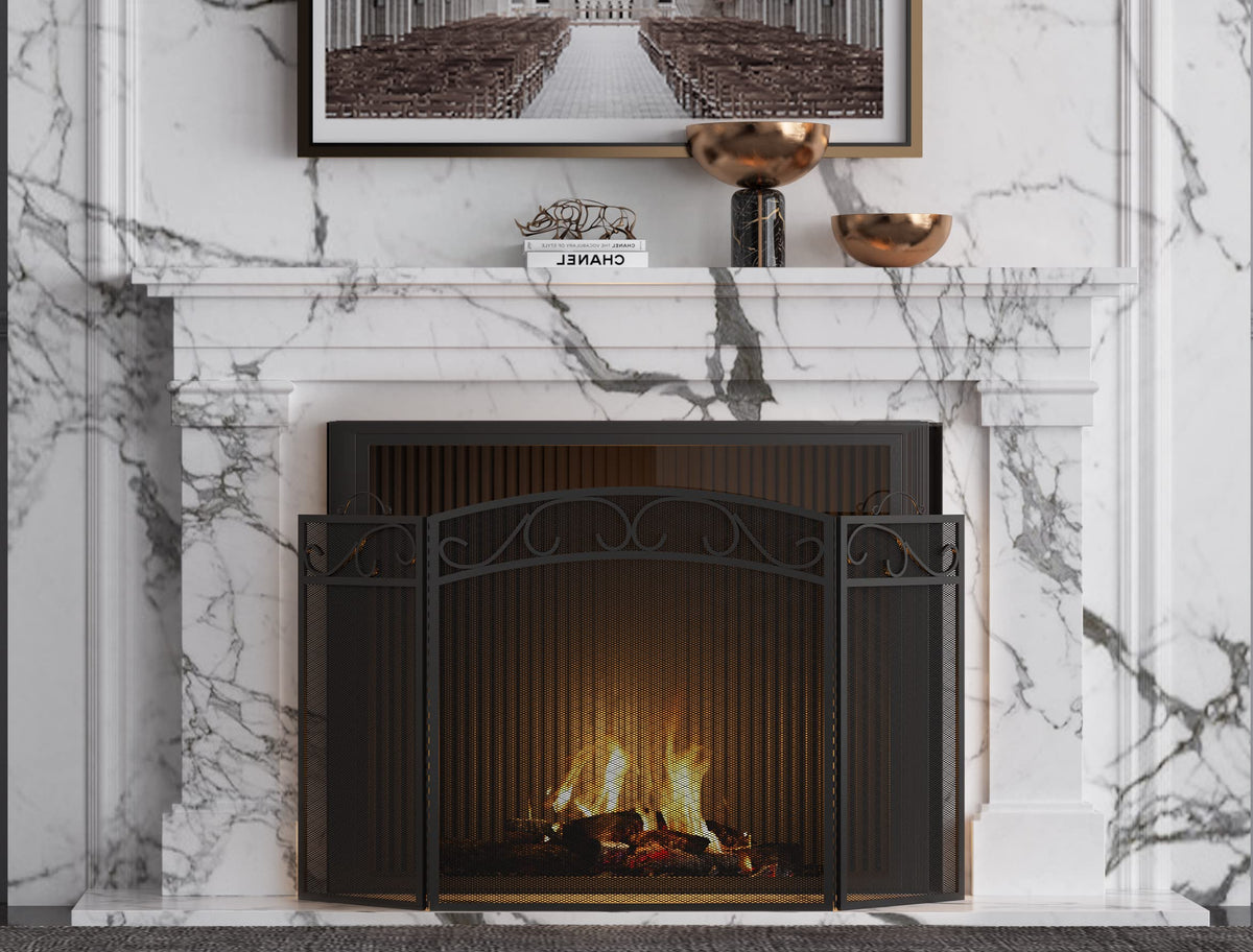 Black 3 Panel Wrought Iron Fireplace Screen H400390