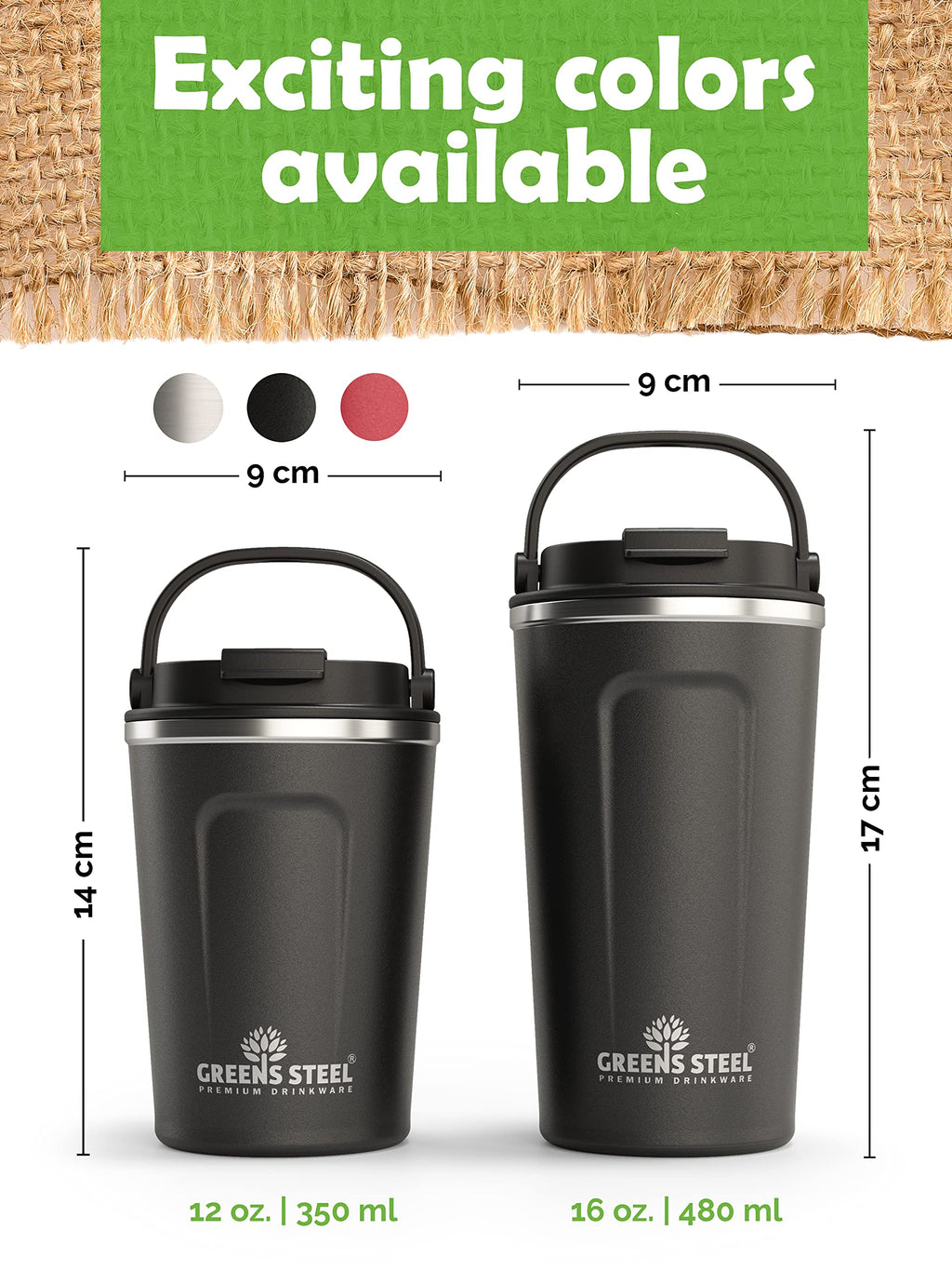 16 oz Black Stainless Steel Insulated Coffee Cup with Lid and Handle Q808447