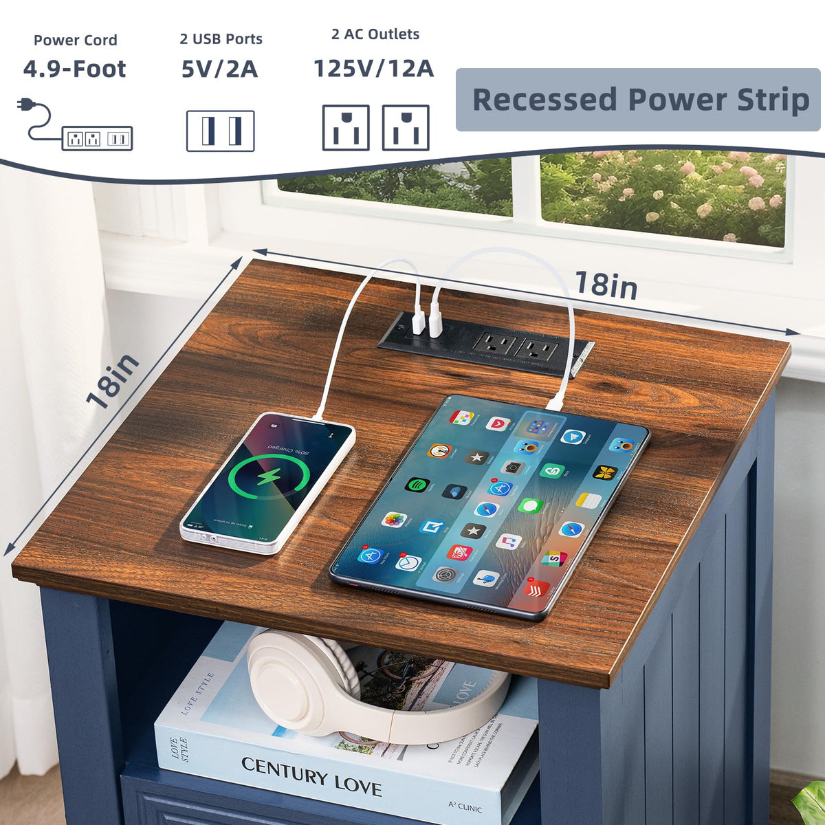 18" Blue Wooden Nightstand Set of 2 with Charging Station A16955