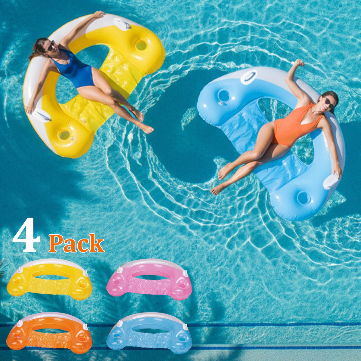 Inflatable Pool Floats 4 Pack with Cup Holders & Handles V642