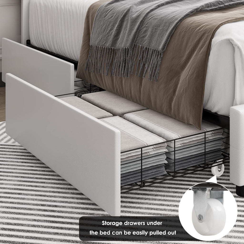 Full Size White Faux Leather Upholstered Platform Bed Frame with 4 Storage Drawers M4268