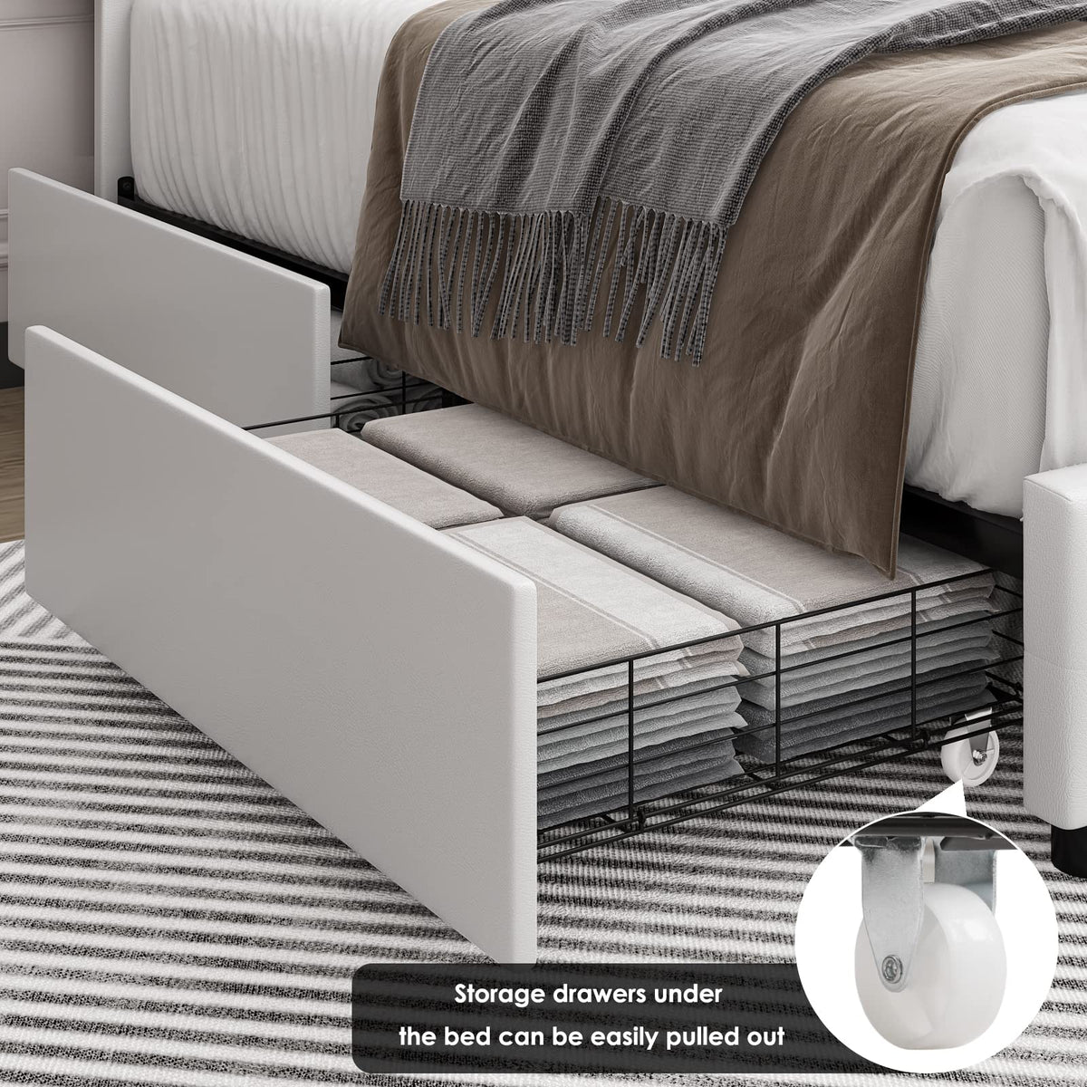 Full Size White Faux Leather Upholstered Platform Bed Frame with 4 Storage Drawers M4268