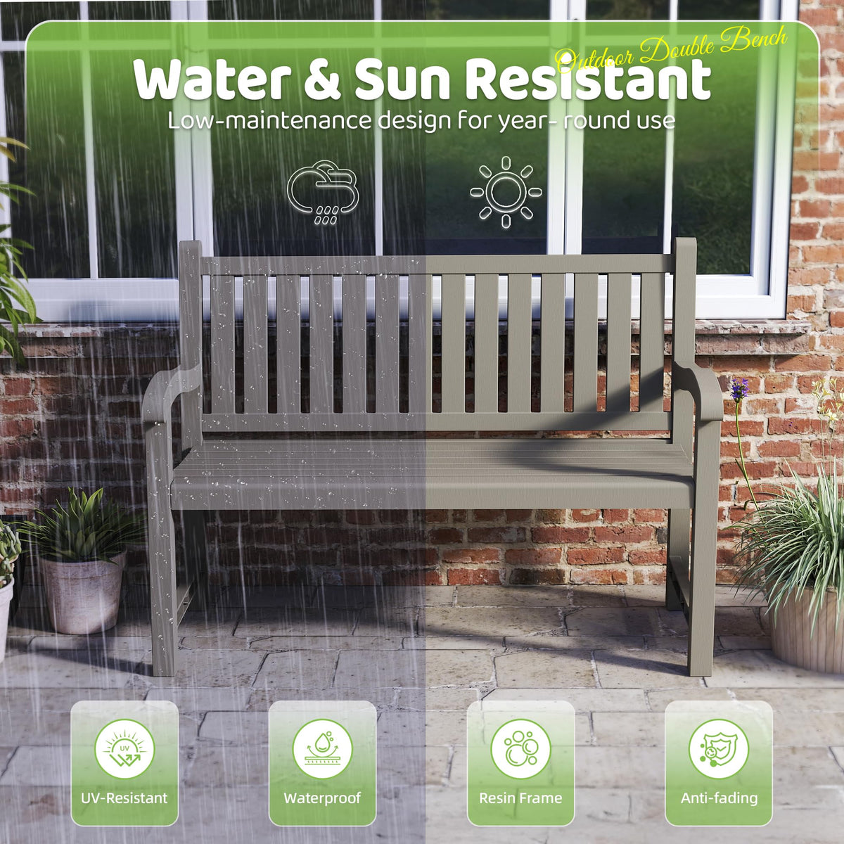 Grey 2-Person Resin Outdoor Bench L101