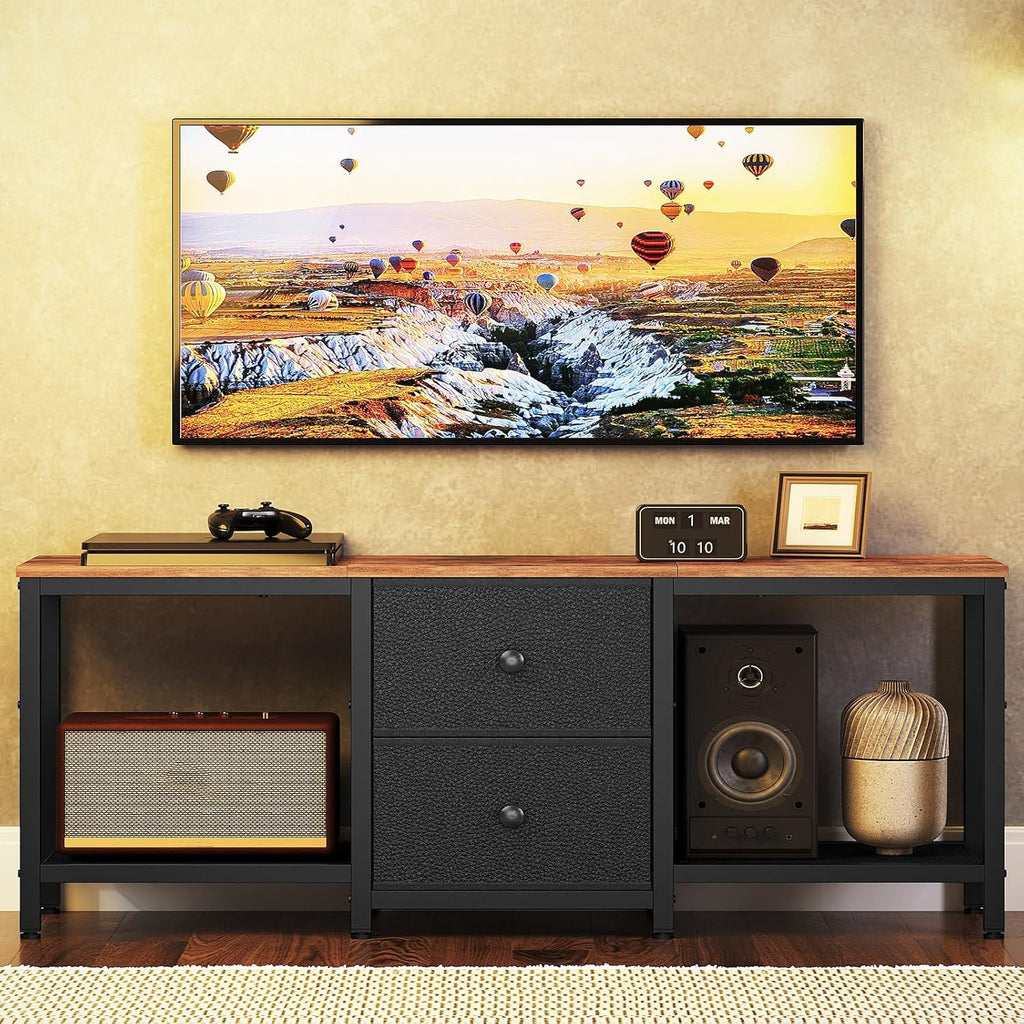 Rustic Brown and Black TV Stand with 2 Fabric Drawer B6866