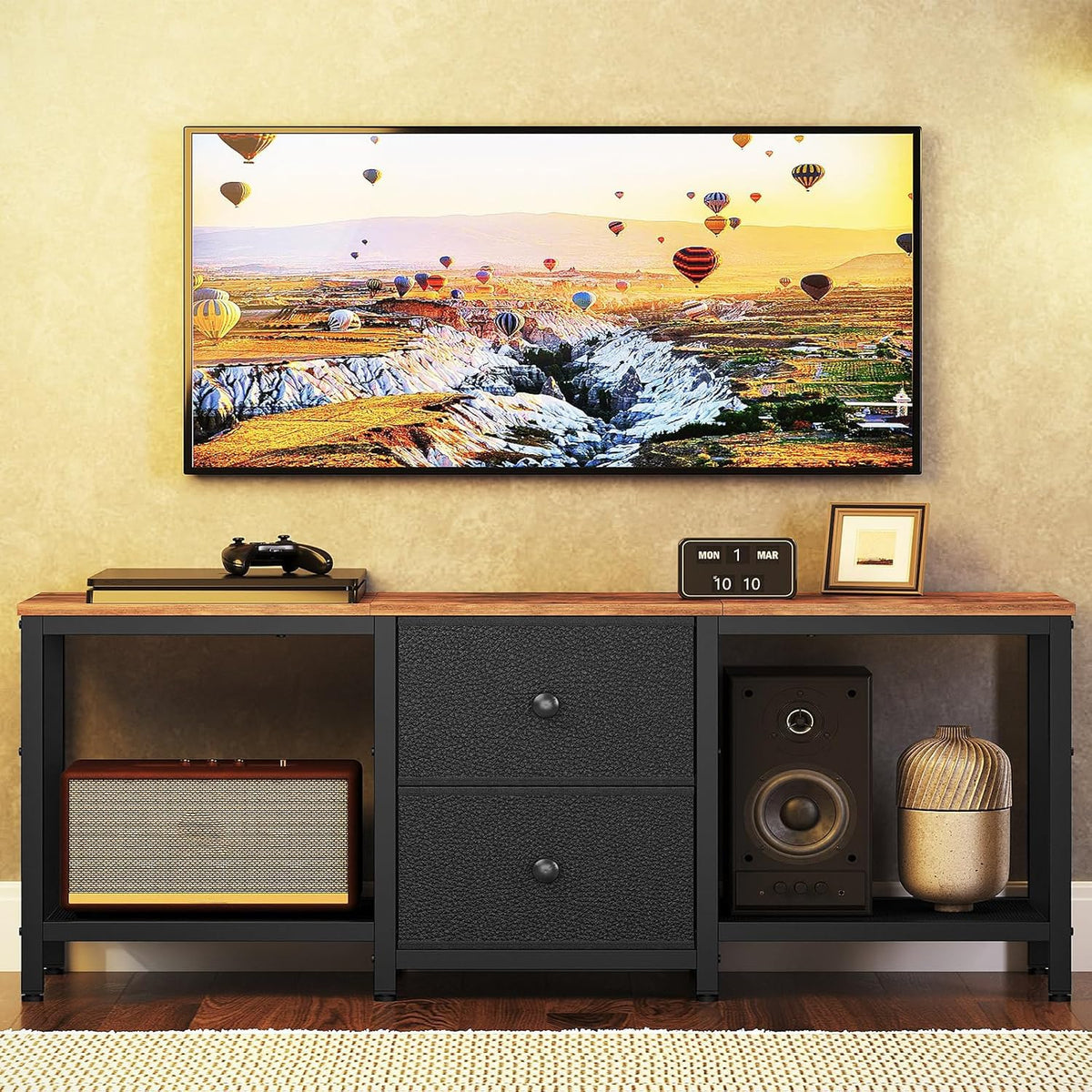 Rustic Brown and Black TV Stand with 2 Fabric Drawer B6866