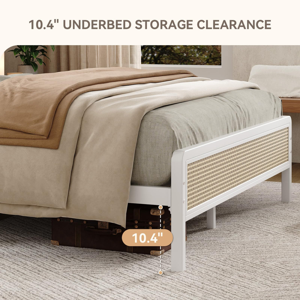 White Rattan Twin Bed Frame with Headboard L35811
