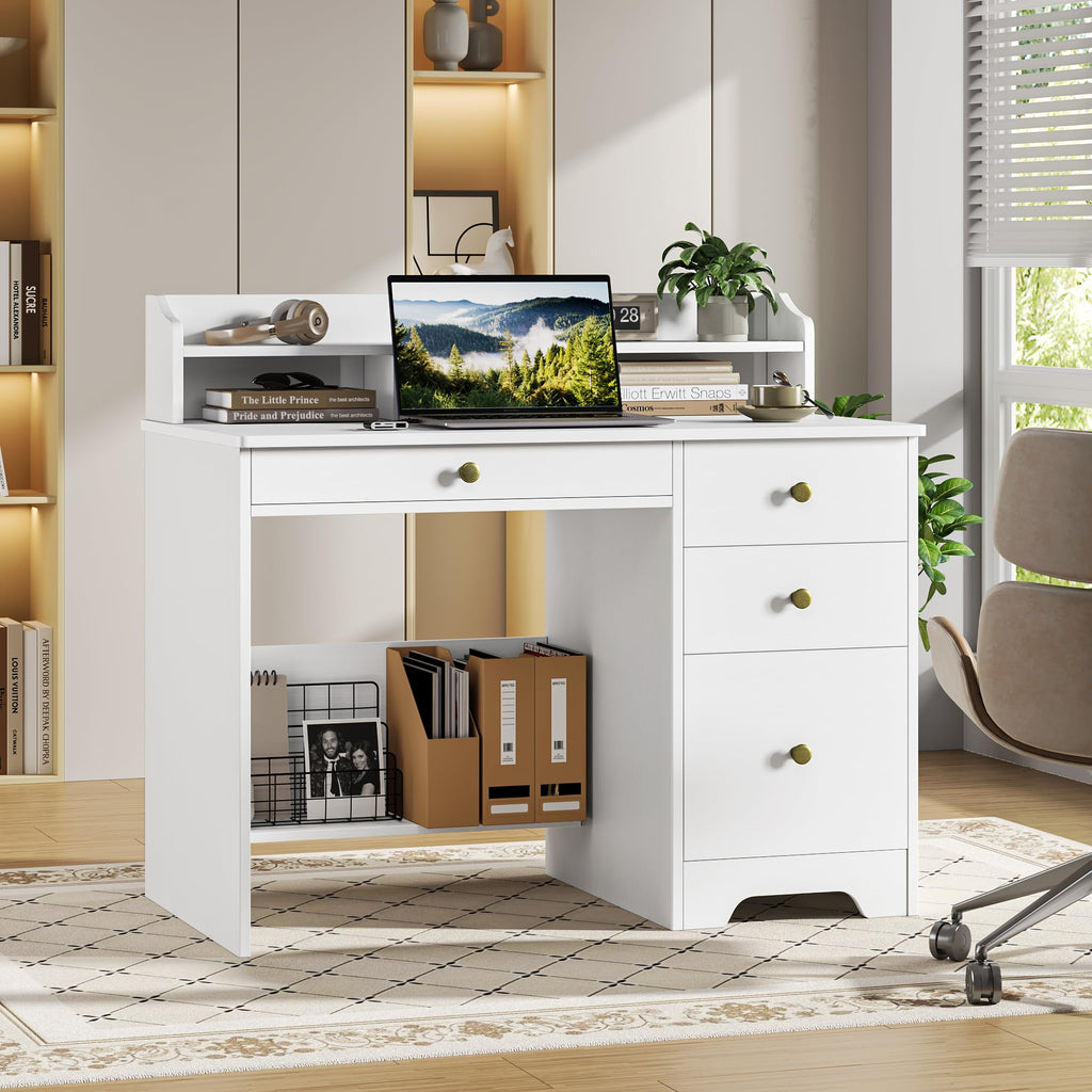 White Computer Desk with Drawers and Hutch Shelf Y561