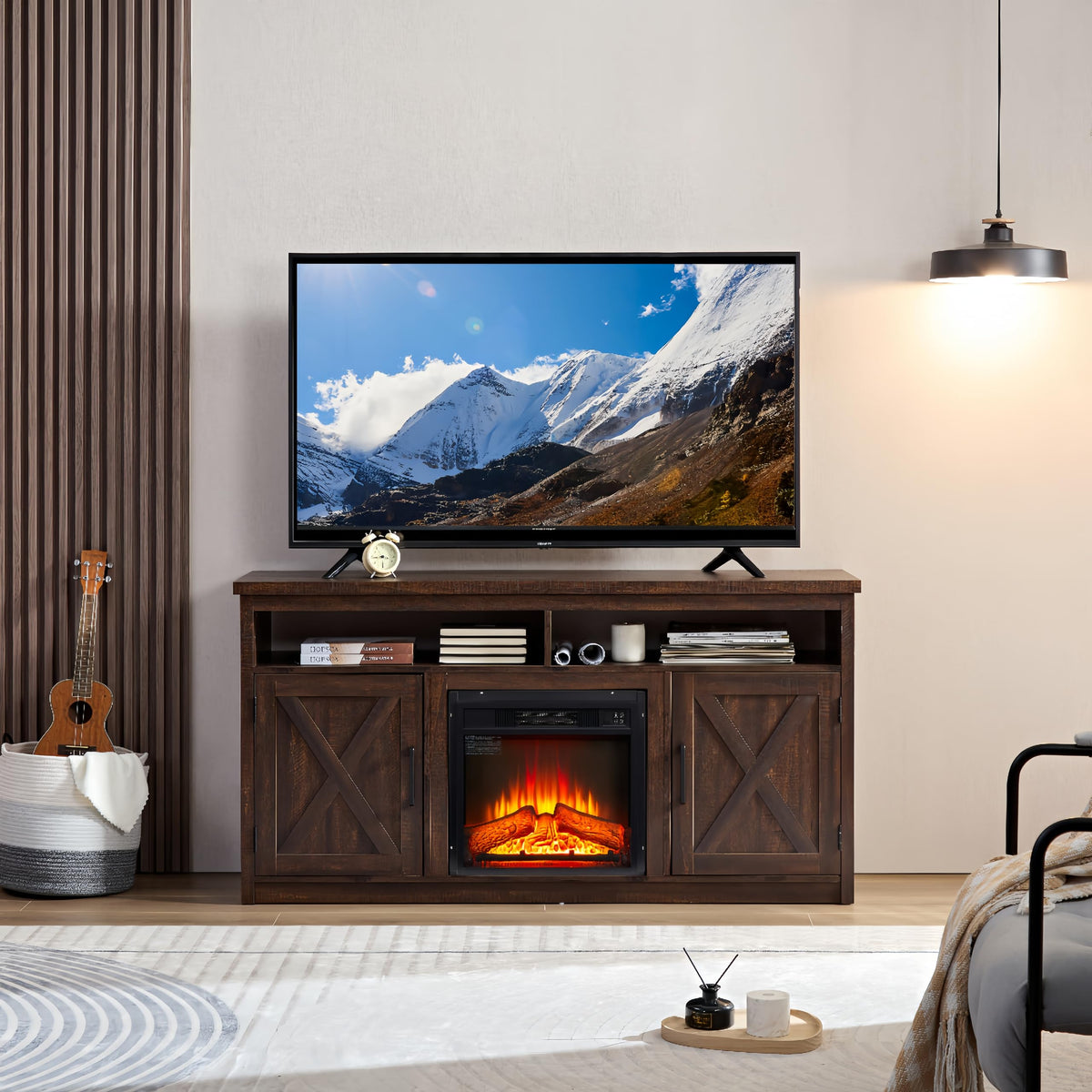 Farmhouse TV Media Stand with 18" Fireplace Insert, Espresso R42655