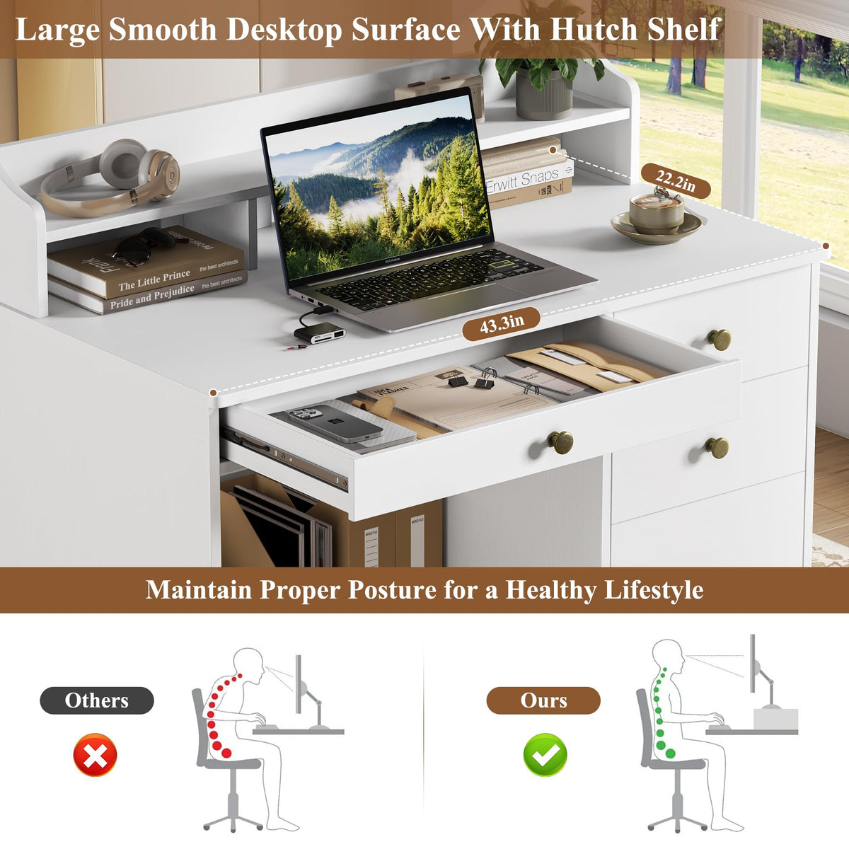 White Computer Desk with Drawers and Hutch Shelf Y561