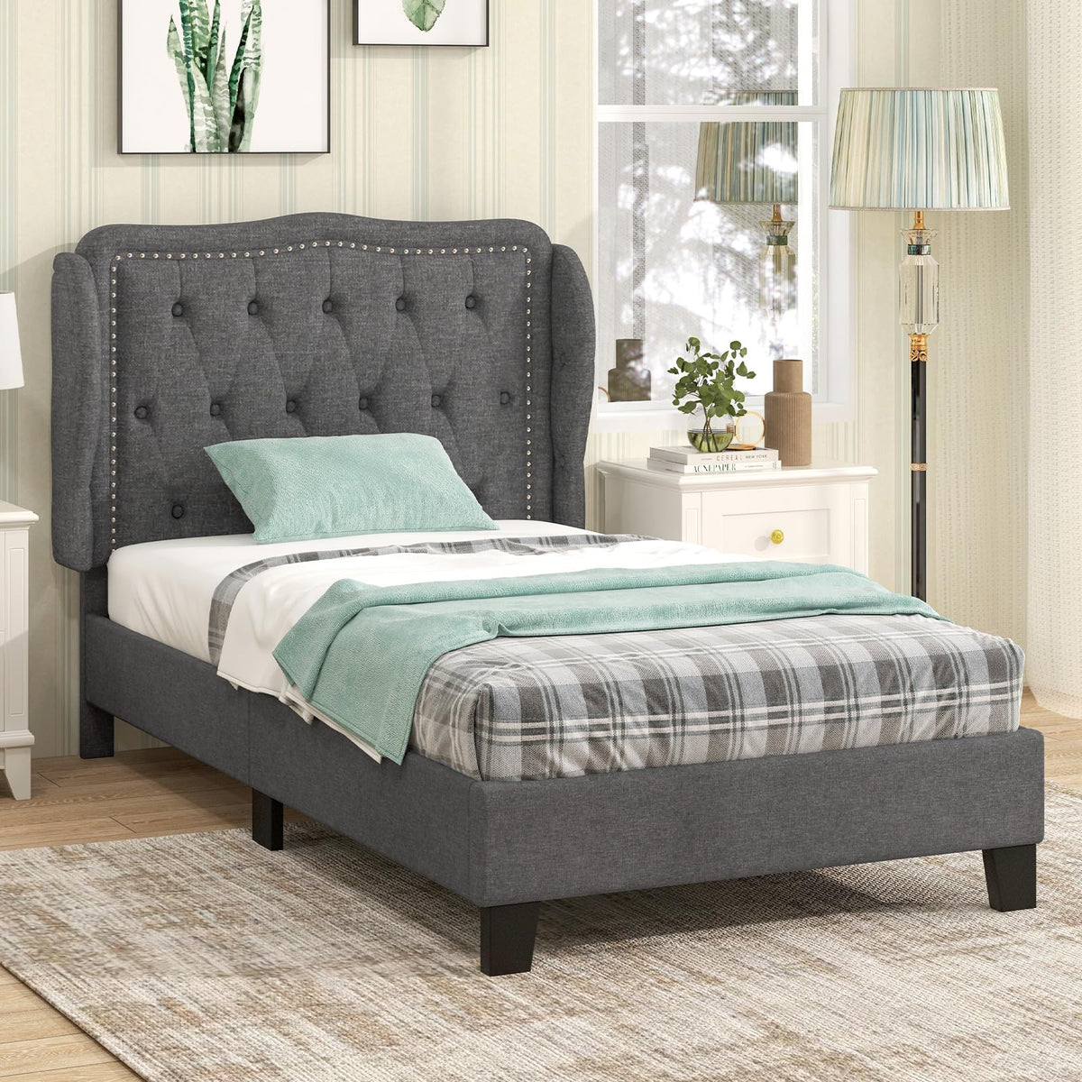 Grey Linen Upholstered Twin Bed Frame with Headboard D75497