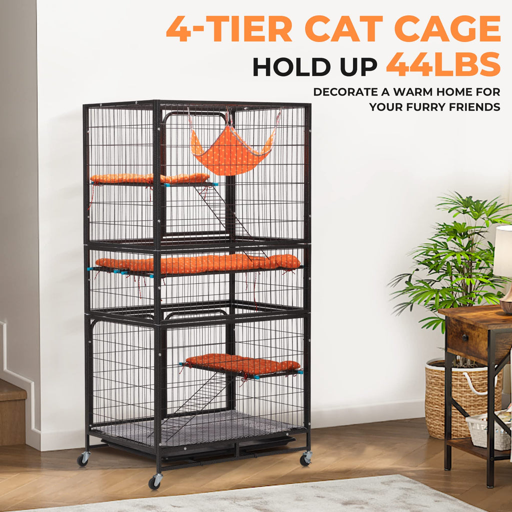 4-Tier Cat Cage with Hammock and Wheels, Black C8881