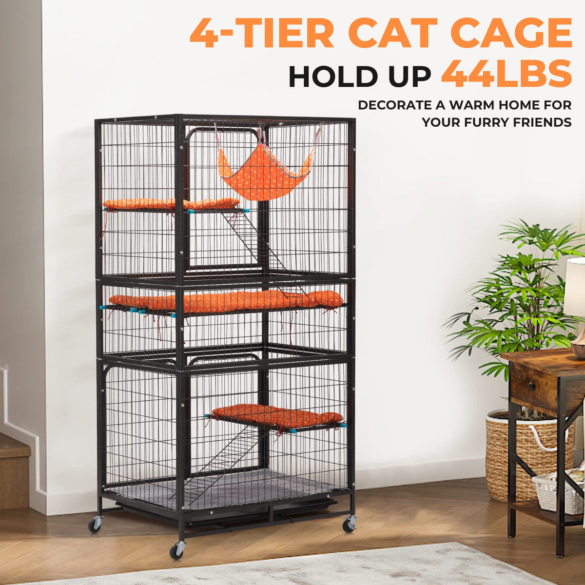 4-Tier Cat Cage with Hammock and Wheels, Black C8881