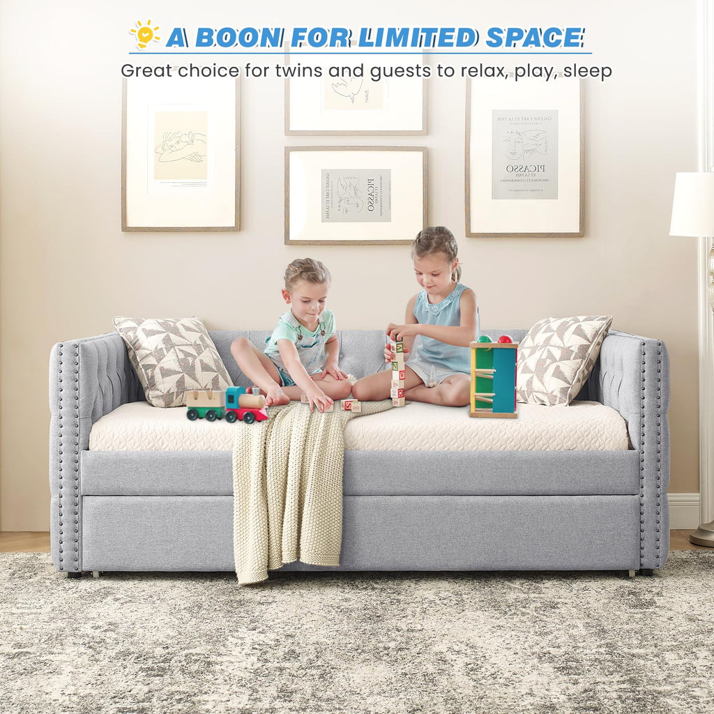 Linen Upholstered Twin Size Daybed with Trundle P76593