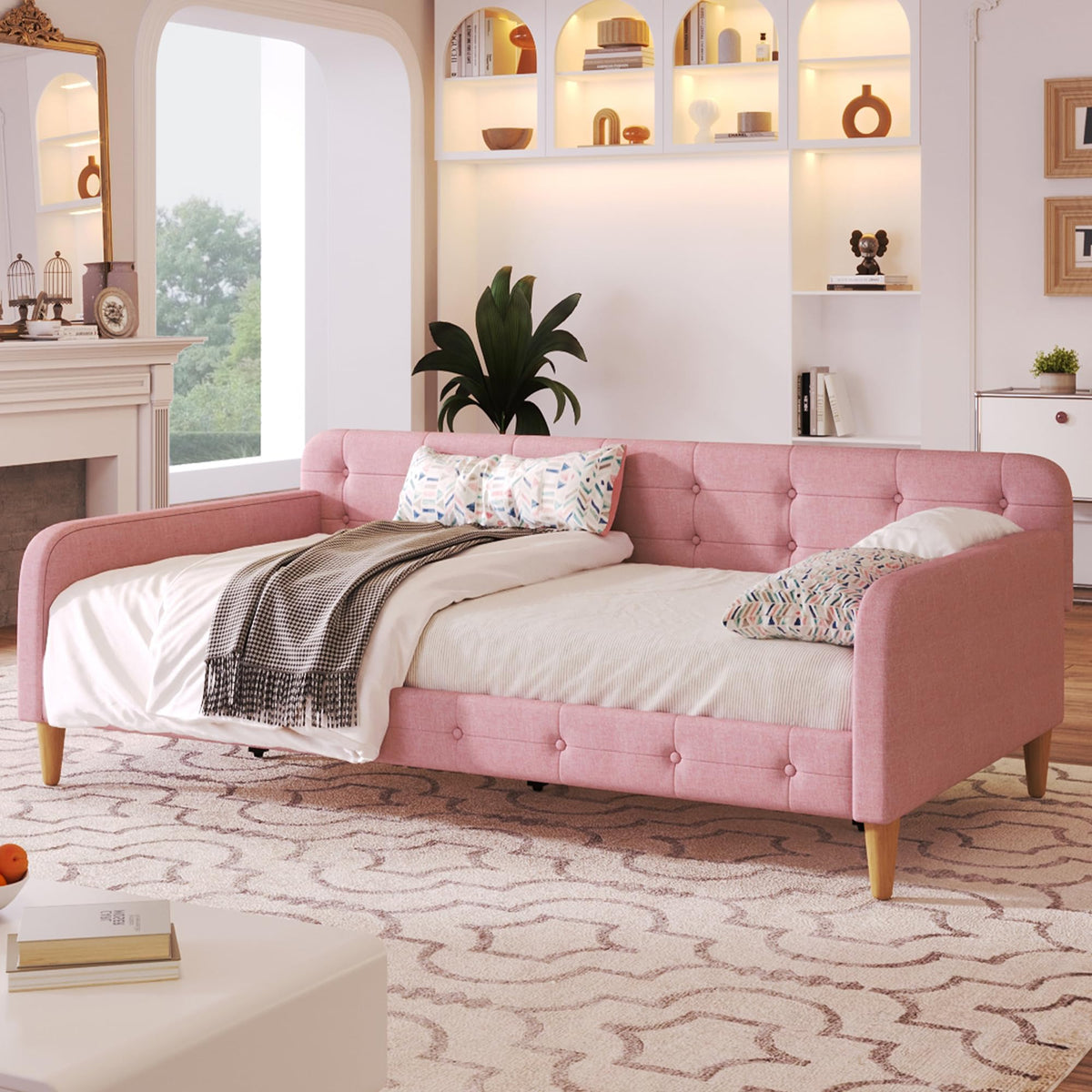Twin Linen Upholstered Daybed Sofa Bed with Button Tufted Design C7340