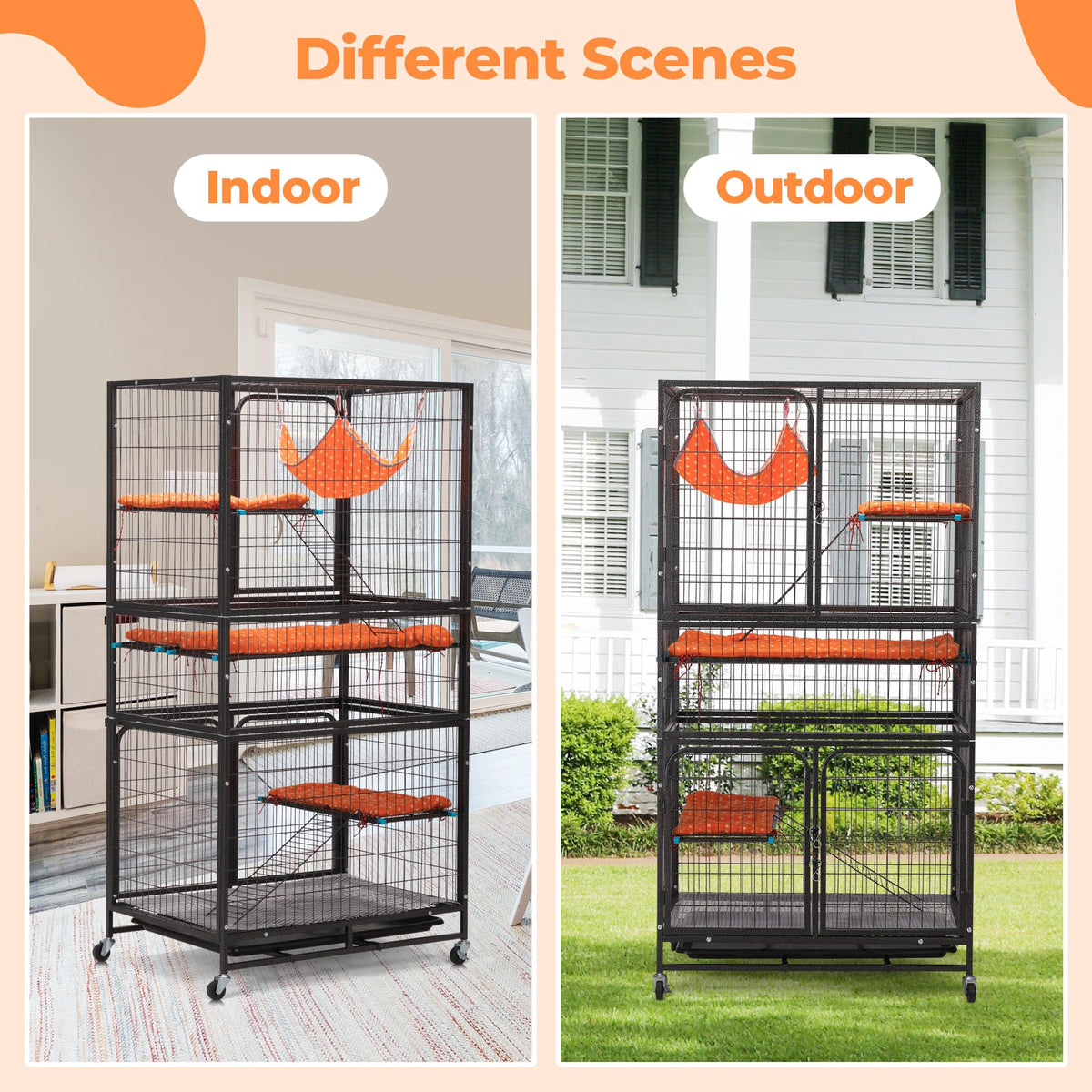 4-Tier Cat Cage with Hammock and Wheels, Black C8881