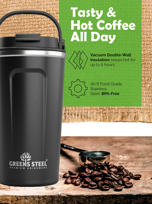 16 oz Black Stainless Steel Insulated Coffee Cup with Lid and Handle Q808447