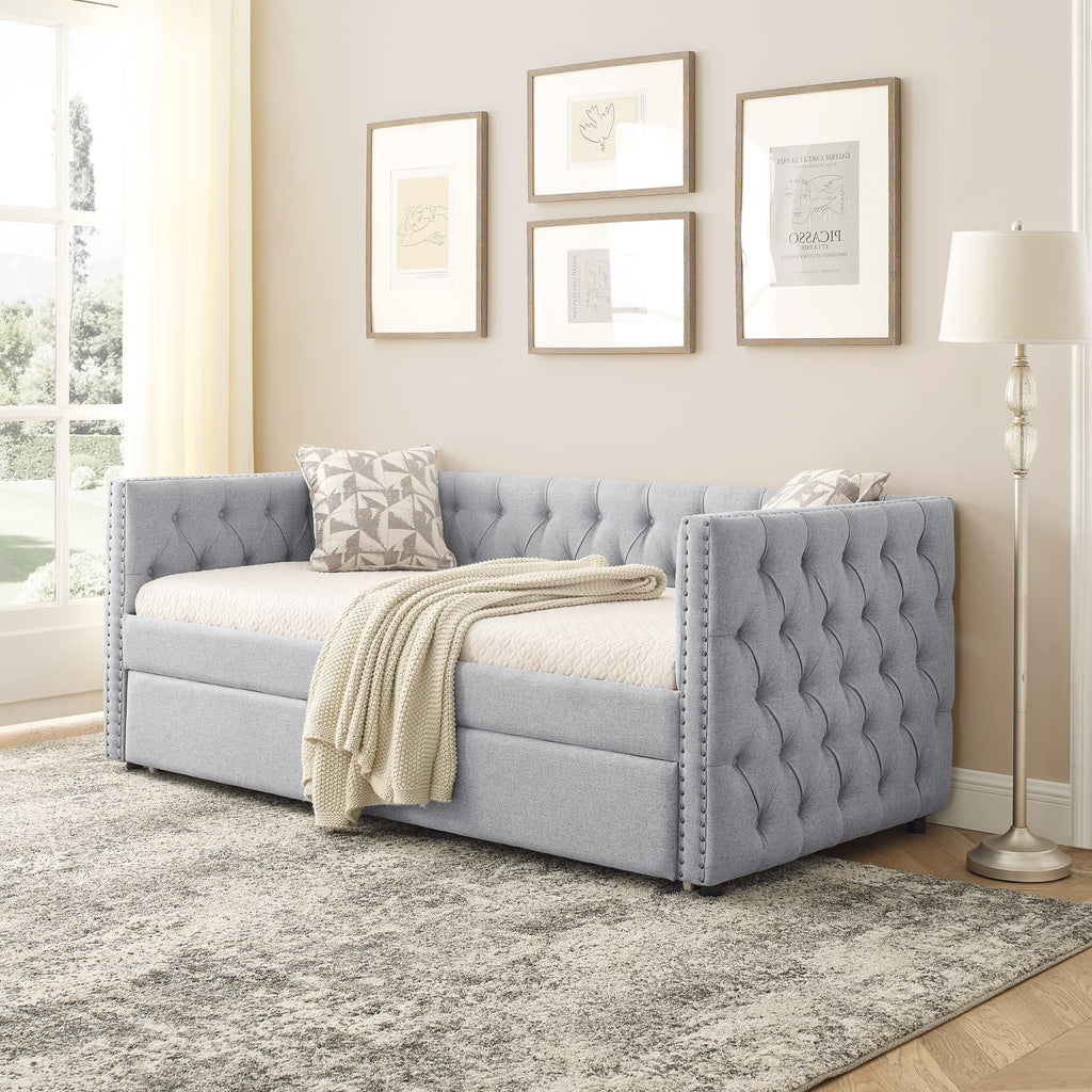 Linen Upholstered Twin Size Daybed with Trundle P76593
