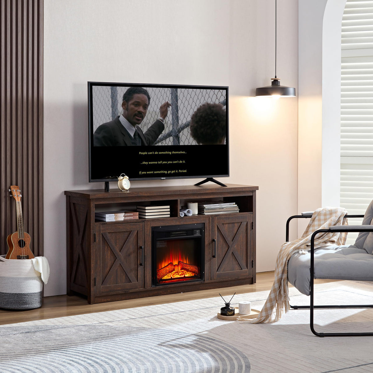 Farmhouse TV Media Stand with 18" Fireplace Insert, Espresso R42655