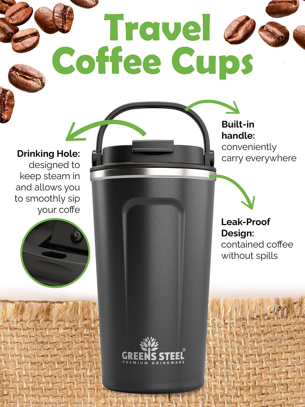 16 oz Black Stainless Steel Insulated Coffee Cup with Lid and Handle Q808447
