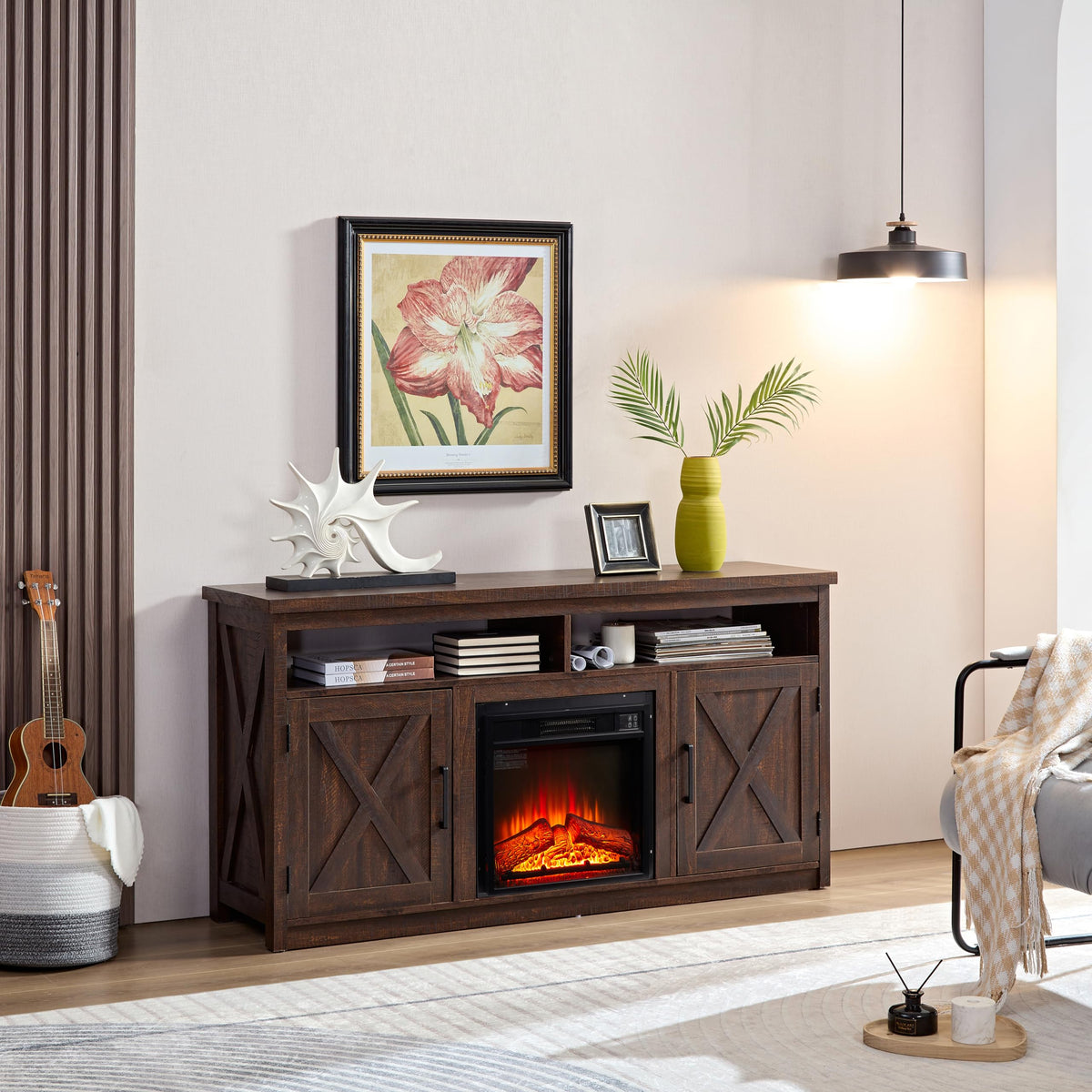 Farmhouse TV Media Stand with 18" Fireplace Insert, Espresso R42655