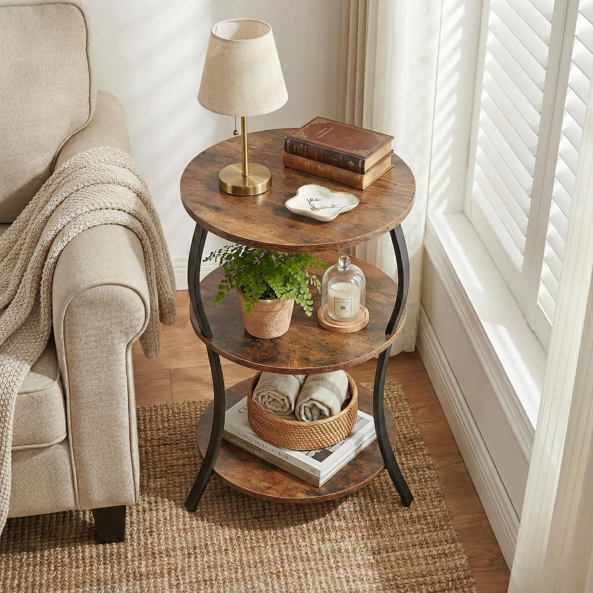Round 3-Tier Side Table with Storage Shelf U696