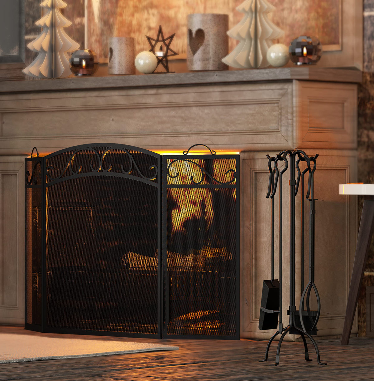 Black 3 Panel Wrought Iron Fireplace Screen H400390