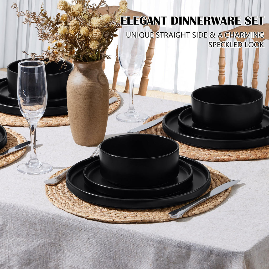 Stoneware Dinnerware Set, 12-Piece Plates and Bowls, Set of 4, Matte Black N943